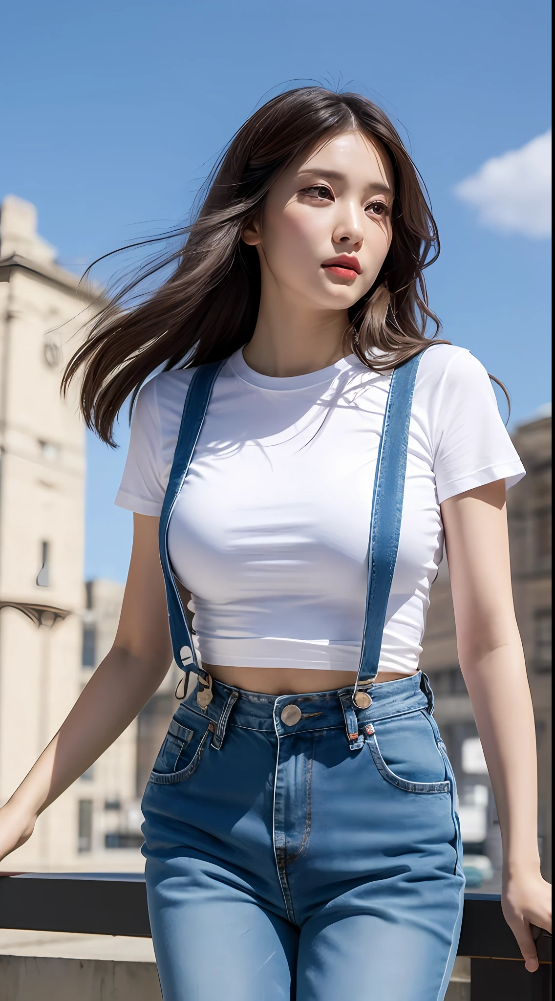 Full body, obesity: 1.3, big belly: 1.4, focal length: 1.2, fat body: 1.4, tummy fat: 1.1, ((dark brown hair, big breasts: 1.2 )), (white skinny T-shirt, denim suspenders, standing: 1.2), ((city, blue sky and white clouds: 1.3)), highly detailed face and skin texture, detailed eyes, double eyelids, flying long hair