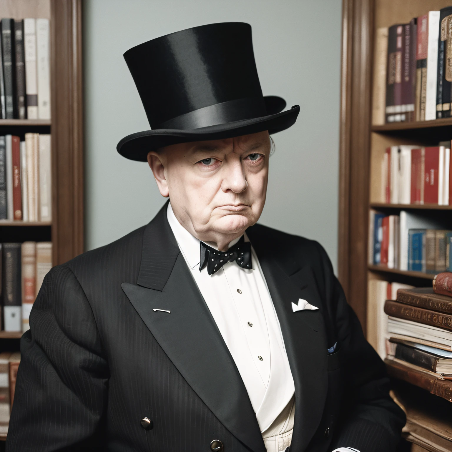 image of a man in top hat and bow tie, inspired by Winston Churchill, Winston Churchill, vector art, inspired by Yousuf Karsh, classic portrait, he is wearing a top hat, digital art portrait, hitchcock, portrait of Orson Welles, Winston, iconic character of high detail, by Yousuf Karsh, scenery in the background of a library, classical library, colorful, fat --auto