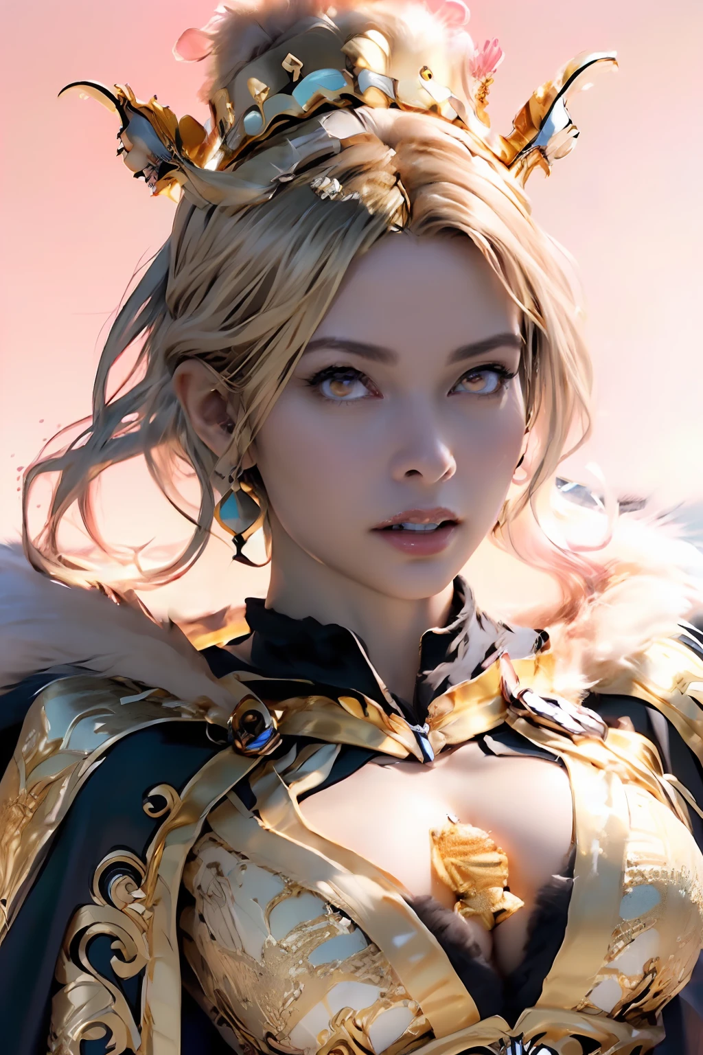 Ultra-detailed complex 3D rendering of the face, (masterpiece, top quality, octane rendering,), glamour shots, full body image, very beautiful young elves, cleavage, (highly detailed skin: 1.2), (exposure: 1.1), ((gold micro bikini studded with jewels: 1.95))))). 40k, (((very soft breasts)), (((noticeable large pink areola)), beautiful Caucasian woman with full soft breasts and dark skin with big buttocks, one, long braided hair, big breasts, dynamic angle, (((huge breasts: 2.4)), ultra-realistic photos, ((((blonde))), futuristic urban background, facial muscles, (((((detailed and glamorous gold crown)))), In the style of Marvel Comics, ArtStation Trends, Clear Focus, Intricate Detail, Very Detailed, Detailed Red Eyes, Very Detailed, Sharp Focus, Digital Rendering, Professional, Abs, Lip Gloss, Glossy Skin, (Glamorous Black Cape Lined with Fur: 1.95))))