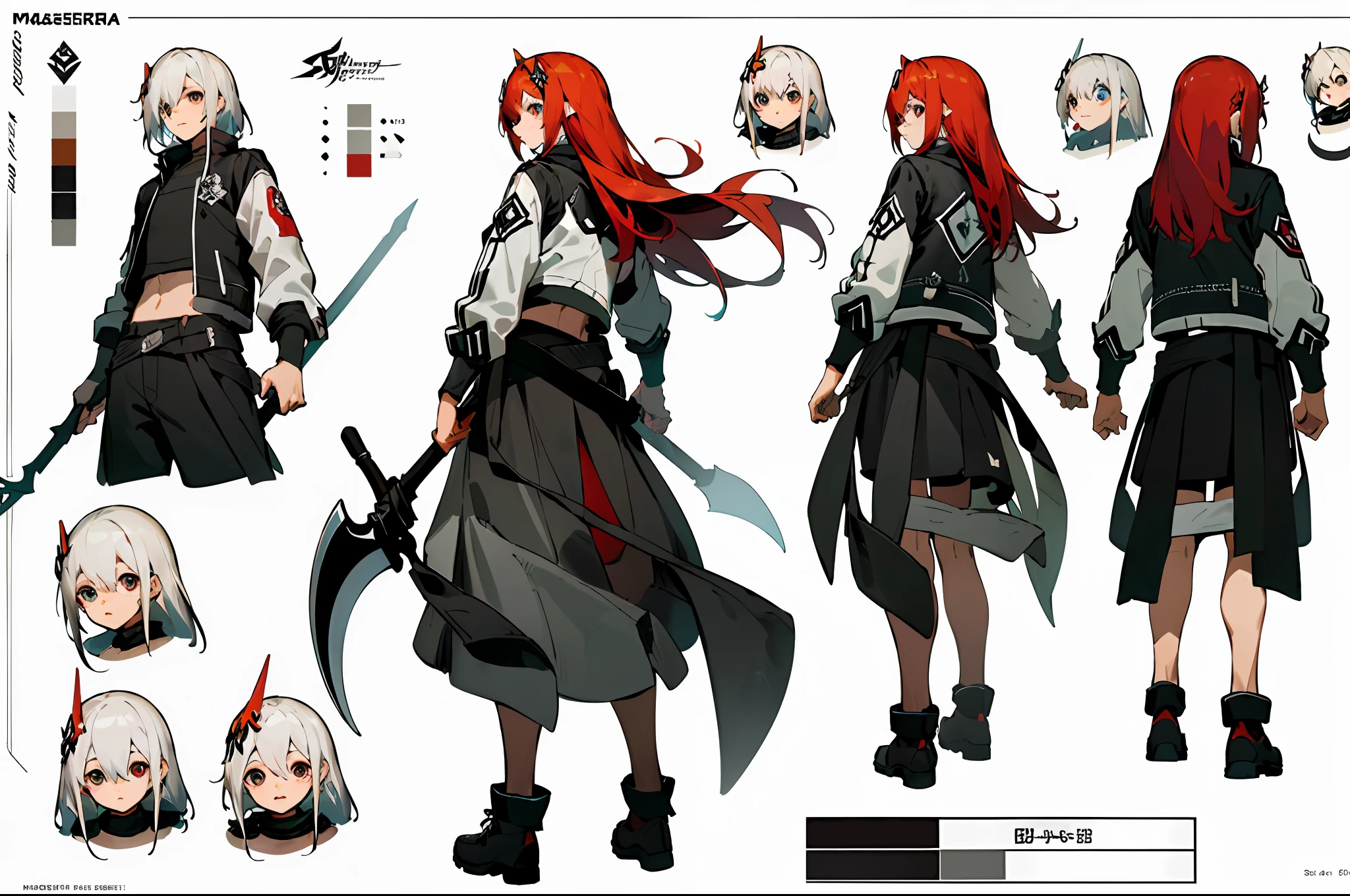 ((masterpiece)),(((best quality))),((character design sheet,same character,front,side,back)),illustration,1 male,long hair,hair on eyes,beautiful eyes,environment Scene change, pose too, male long red hair, white biker jacket, holding a scythe, charturnbetalora, (simple background, white background: 1.3)