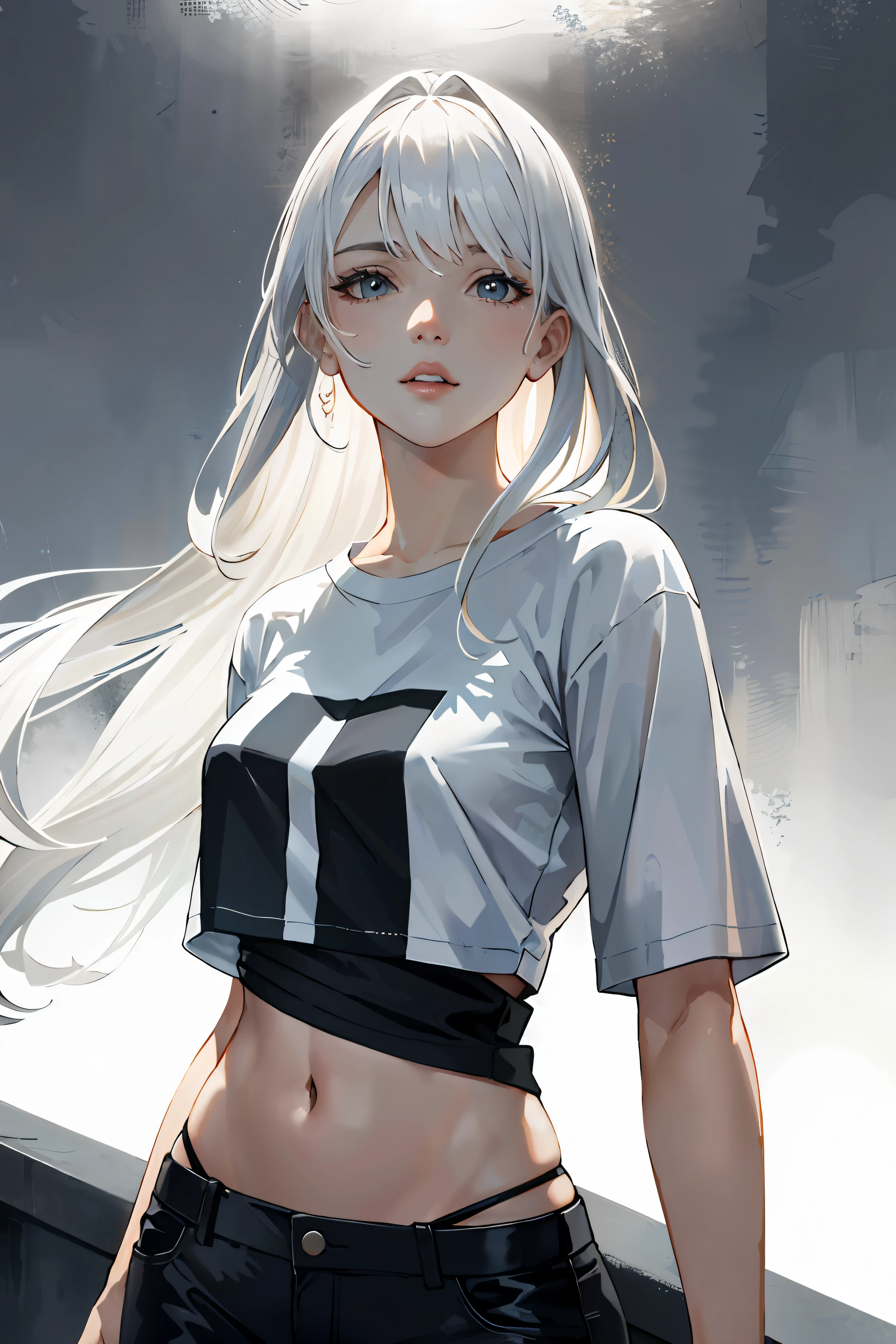 masterpiece, high quality, sharp focus, 1lady, a black and white full body woman, platinum blonde hair, oversized tshirt, perfect face, perfect jawline, textured skin, beautiful lips, upper-body shot, cold lighting, cool atmosphere, 8k, uhd, absurdres, white flat background