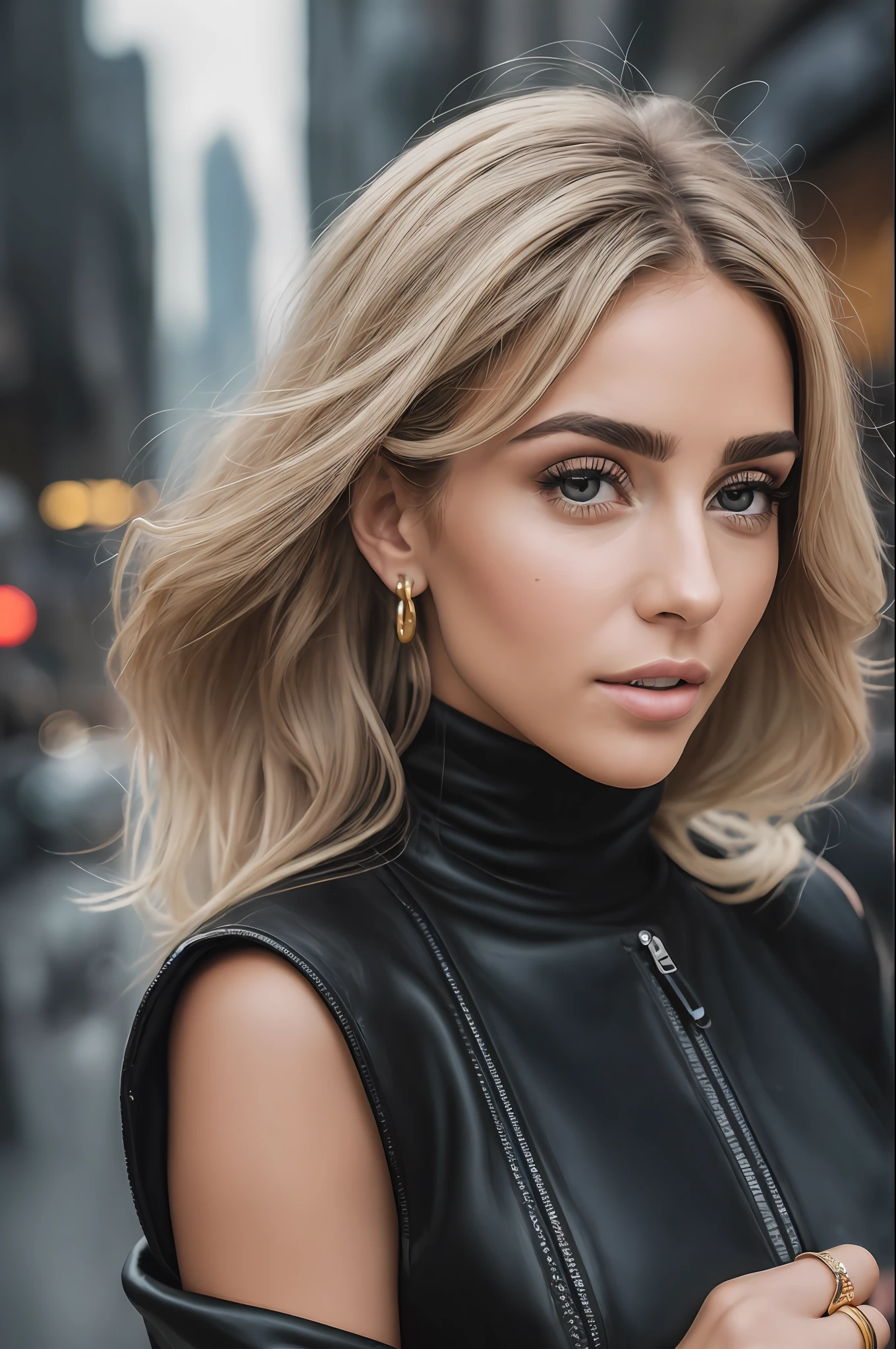 A woman wearing a black turtleneck sweater with a black fur coat, gold ring, brunette with dyed blonde hair, Julia Sarda, Christina Kritkou, black turtleneck, wearing turtleneck and jacket, portrait of Kim Kardashian, inspired by Gina Pellón, tanned Ameera al Taweel, Olivia Culpo, Julia Fuentes, flawless olive skin ((detailed face)),  ((detailed facial features)), (finely detailed skin), pale skin, walking through the city, megacity environment, New York City in the background, (cool colors), damp, damp, reflections, (masterpiece) (perfect aspect ratio)(realistic photo)(best quality) (detailed) photographed on a Canon EOS R5, 50mm lens, F/2.8, HDR, (8k) (wallpaper) (cinematic lighting) (dramatic lighting) (sharp focus) (intricate),  RAW photo, RAW photo, gigachad photo, posing for camera, 8k uhd, dslr, high quality, grain film, Fujifilm XT3, film stock photography 4 kodak portra 400 camera f1.6 lens rich colors hyper realistic texture dramatic lighting unrealengine trend in artstation cinestill 800 tungsten, toughboy style, face ultra focus, intimidating