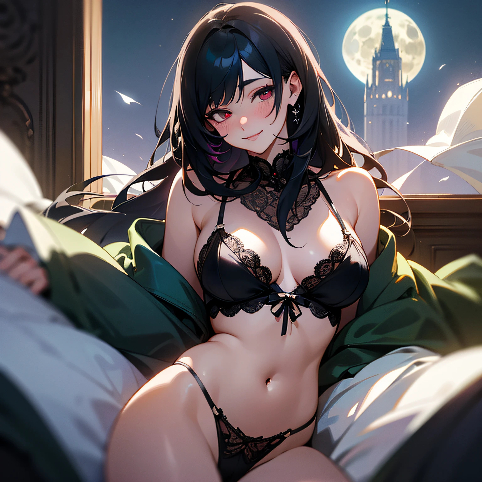 woman black hair in sensual lingerie open legs, masterpiece, best quality, realistic, real, tower, ((full moon in super detailed background)), multicolored eyes, eye reflection, eye reflection, gradient eyes, gradient eyes, evil smile, blush, high detail, bright light, god rays, UHD, super detail, 1080P, 1080P, 8k --auto --s2