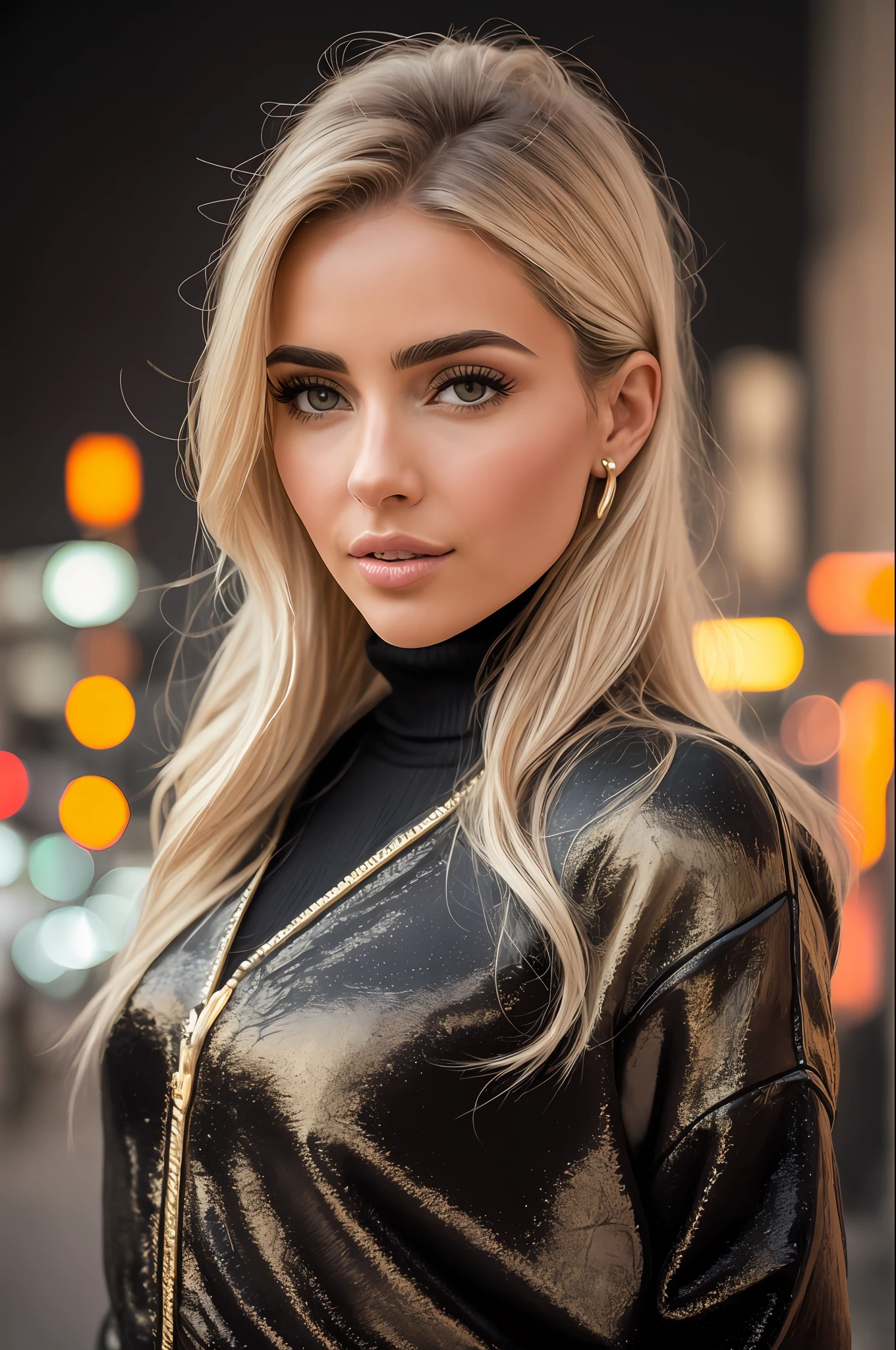 A woman wearing a black turtleneck sweater with a black fur coat, gold ring, brunette with dyed blonde hair, Julia Sarda, Christina Kritkou, black turtleneck, wearing turtleneck and jacket, portrait of Kim Kardashian, inspired by Gina Pellón, tanned Ameera al Taweel, Olivia Culpo, Julia Fuentes, flawless olive skin ((detailed face)),  ((detailed facial features)), (finely detailed skin), pale skin, walking through the city, megacity environment, New York City in the background, (cool colors), damp, damp, reflections, (masterpiece) (perfect aspect ratio)(realistic photo)(best quality) (detailed) photographed on a Canon EOS R5, 50mm lens, F/2.8, HDR, (8k) (wallpaper) (cinematic lighting) (dramatic lighting) (sharp focus) (intricate),  RAW photo, RAW photo, gigachad photo, posing for camera, 8k uhd, dslr, high quality, grain film, Fujifilm XT3, film stock photography 4 kodak portra 400 camera f1.6 lens rich colors hyper realistic texture dramatic lighting unrealengine trend in artstation cinestill 800 tungsten, toughboy style, face ultra focus, intimidating