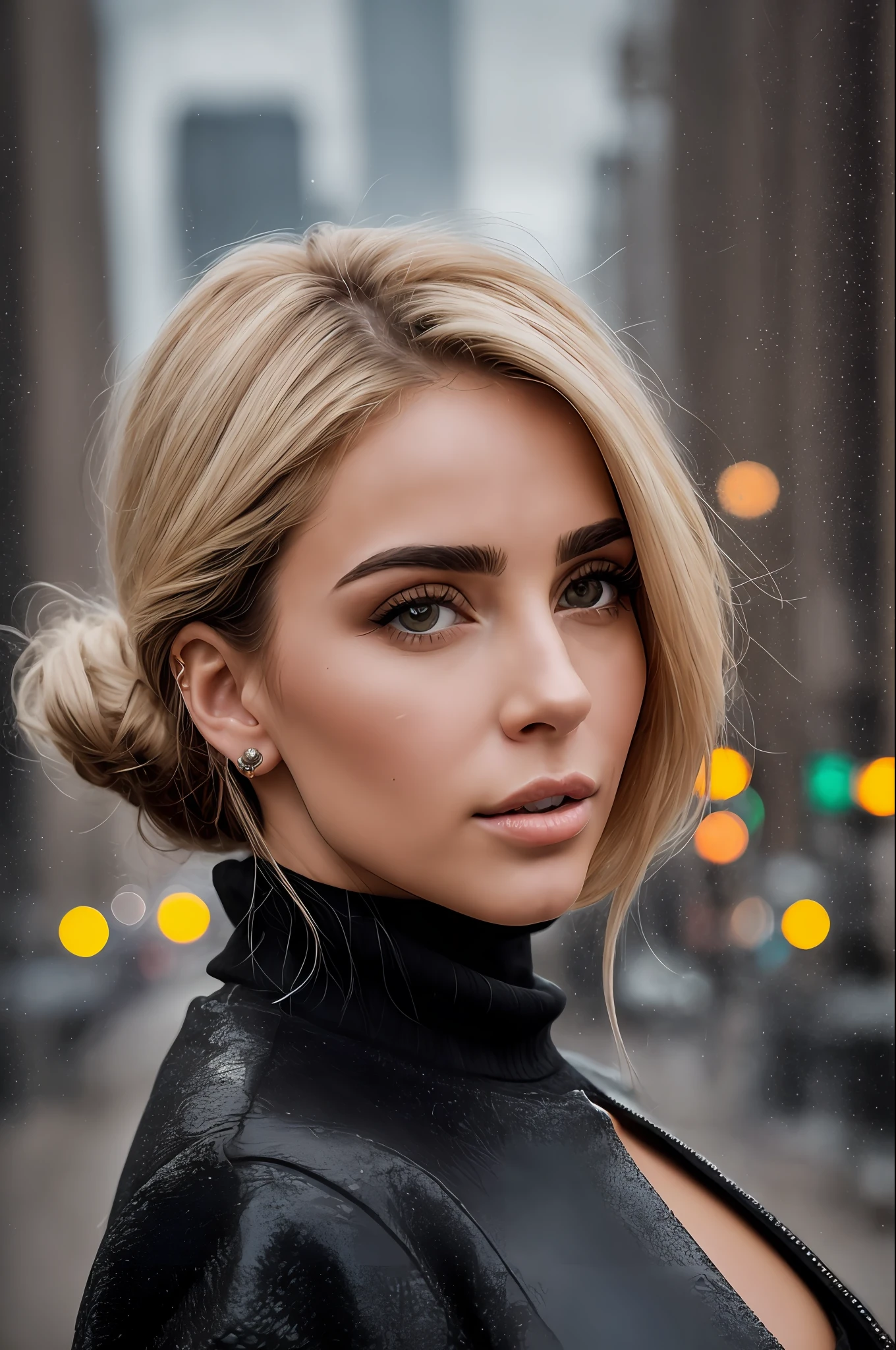 A woman wearing a black turtleneck sweater with a black fur coat, gold ring, brunette with dyed blonde hair, Julia Sarda, Christina Kritkou, black turtleneck, wearing turtleneck and jacket, portrait of Kim Kardashian, inspired by Gina Pellón, tanned Ameera al Taweel, Olivia Culpo, Julia Fuentes, flawless olive skin ((detailed face)),  ((detailed facial features)), (finely detailed skin), pale skin, walking through the city, megacity environment, New York City in the background, (cool colors), damp, damp, reflections, (masterpiece) (perfect aspect ratio)(realistic photo)(best quality) (detailed) photographed on a Canon EOS R5, 50mm lens, F/2.8, HDR, (8k) (wallpaper) (cinematic lighting) (dramatic lighting) (sharp focus) (intricate),  RAW photo, RAW photo, gigachad photo, posing for camera, 8k uhd, dslr, high quality, grain film, Fujifilm XT3, film stock photography 4 kodak portra 400 camera f1.6 lens rich colors hyper realistic texture dramatic lighting unrealengine trend in artstation cinestill 800 tungsten, toughboy style, face ultra focus, intimidating