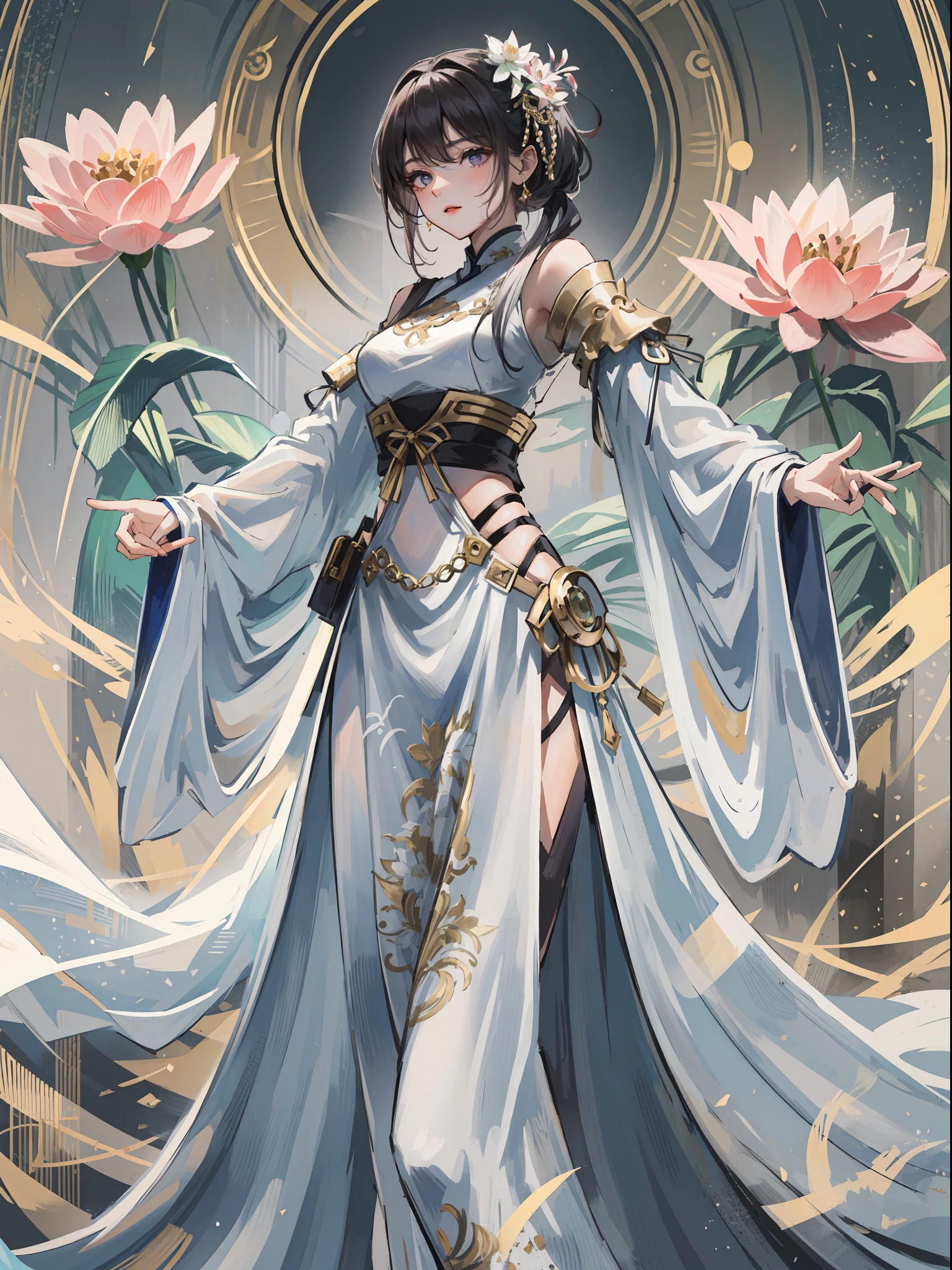 (((Masterpiece))), (((Best Quality: 1.4))), ((Super Detail: 1.4)), Wang Zhaojun in the glory of kings, 1girl, 26 years old, holding a jade jing bottle in his hand, wearing white Hanfu, flowing tulle, light silk, frost nova, large lotus leaves, lotus flowers, clean colors, decisive cuts, white space, freehand, masterpiece, super detailed, epic composition, ultra HD, 8k, slim body, Long legs, seen from the bottom up, long leg proportional composition, golden dragon, white dragon, purple eyes, charming, domineering