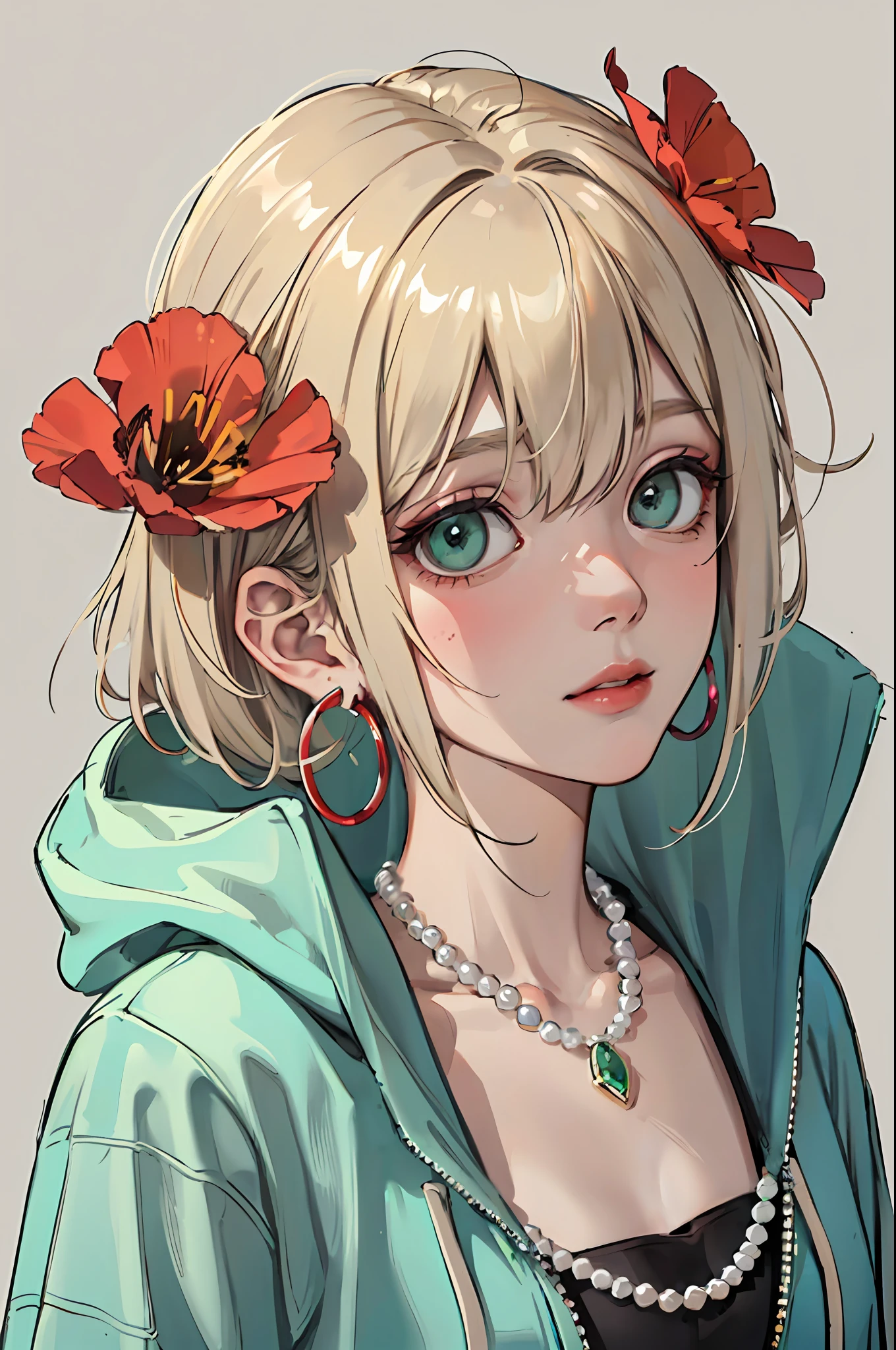 masterpiece: 1.6, best quality: 1.4, flowers in hair, poppy, real picture: 1.2, intricate details: 1.2, close-up portrait 1lady, solo, (bags under the eyes: 1.6),
Appearance::1.25, slim:1.3, green eyes, big breasts, open breasts, sharp eyes,
Clothing: (transparent jacket, chameleon color, foil, spectrum, hoodie),
Accessories: simple hoop earrings, shell necklace, pearls, crystals, precious stones,
Hair: (long blonde hair), disheveled hair,
Makeup: natural, radiant skin,
(simple background, thematic background: 1.3), (extreme close-up: 1.2),