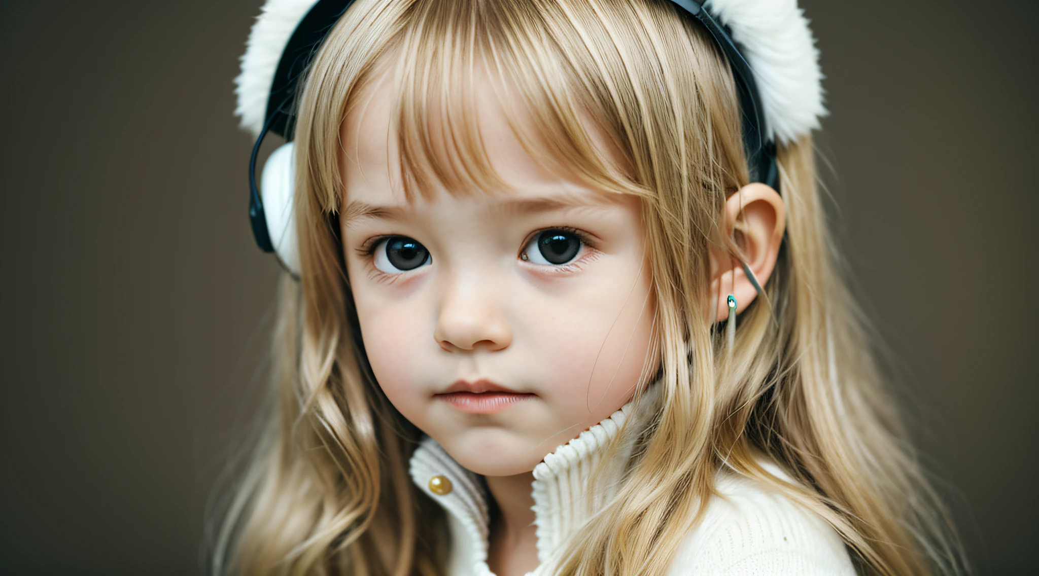 CHILD girl with long blonde hair wearing a white sweater and muffled black ears.