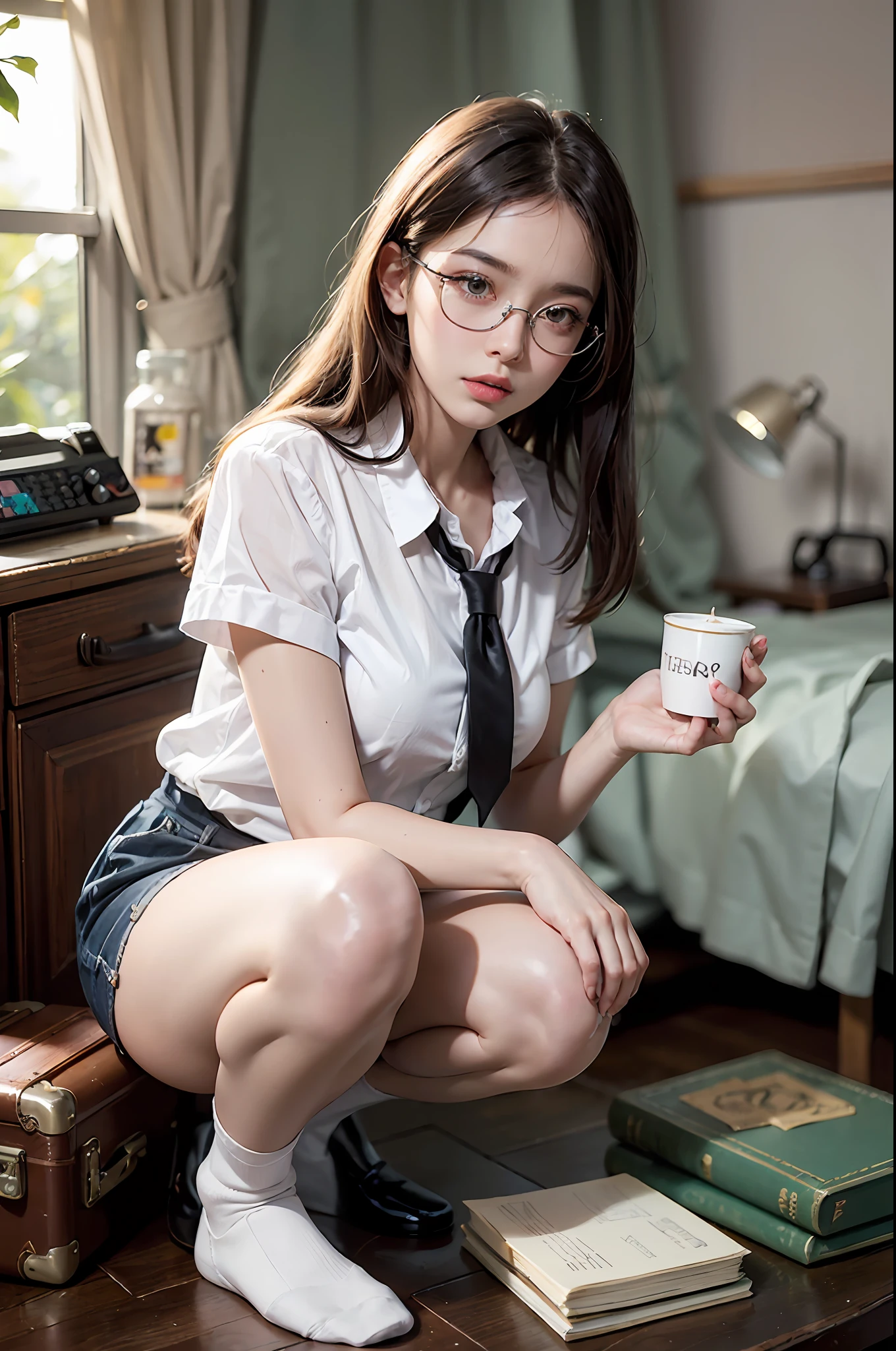 (Photoreal: 1.4), (Hyperrealistic: 1.4), (Realistic: 1.3), (Smooth lighting: 1.05), (Improved cinematic lighting quality: 0.9), 32K, Adult woman with calm atmosphere in one Japan, realistic lighting, backlight, face lights, ray tracking, Very pale salmon-pink lips, (bright light: 1.2), (quality improvement: 1.4), (quality improvement: 1.4), fine detailed eyes, detailed face, fine quality eyes, dark brown eyes, glasses, (tired and sleepy and satisfied: 0.0), pale lighting, bra, panties, blouse, tie, (silk white ankle socks with glossy silk), white background, Squatting with legs in bed, books, camisoles, coffee cups. retro radio, retro telephone, cloth, curtain, stationery, suitcase, cosmetics, makeup tools, typewriter