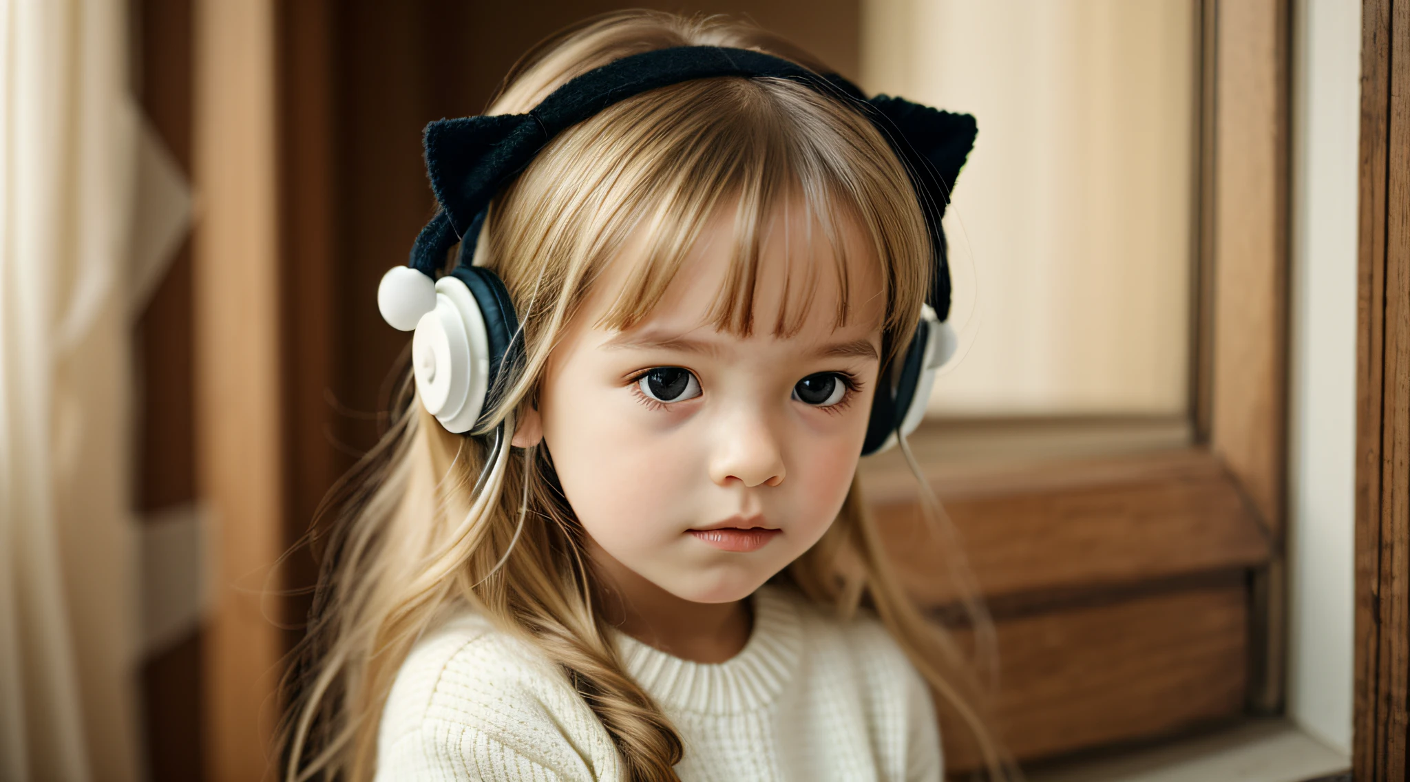 CHILD girl with long blonde hair wearing a white sweater and muffled black ears.