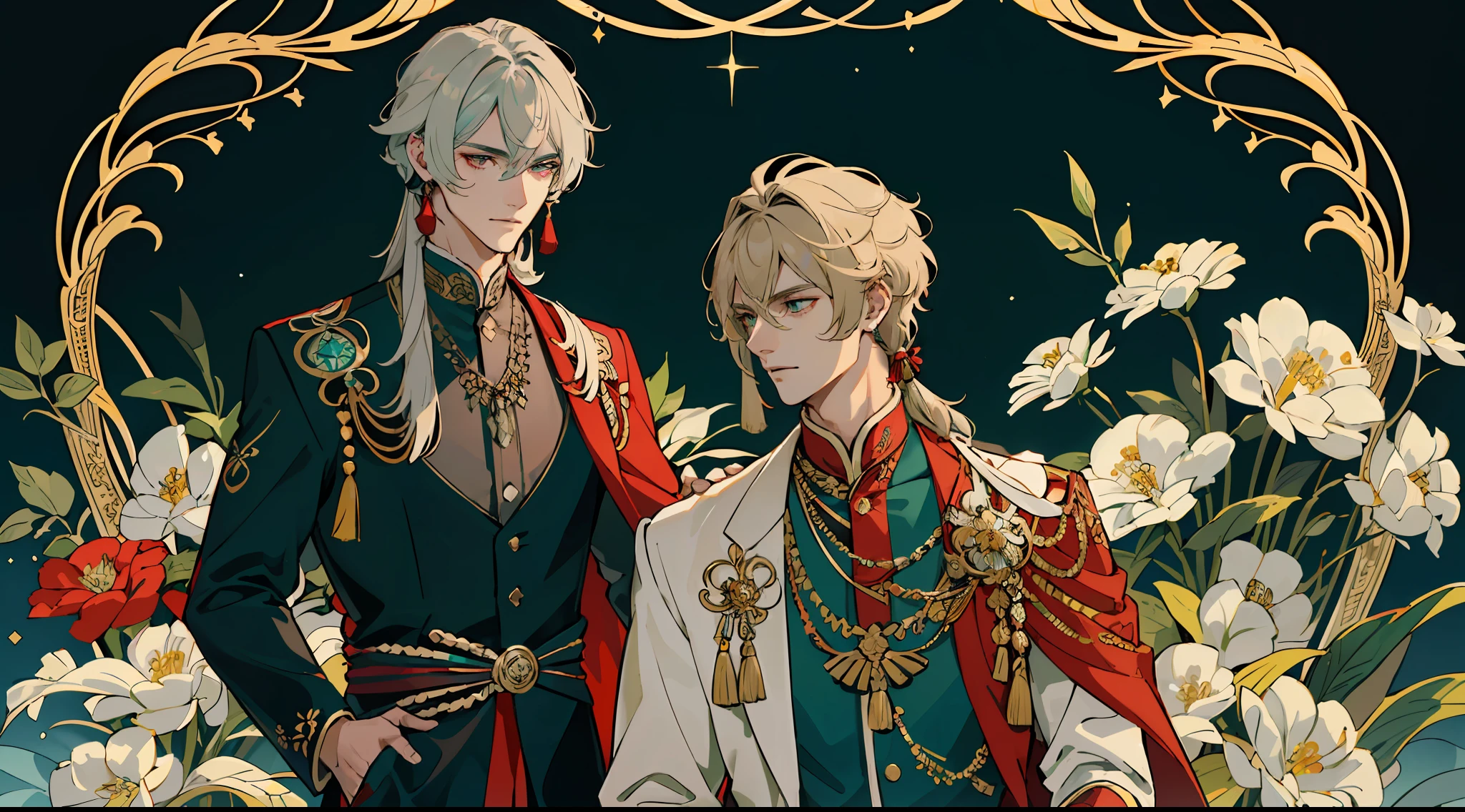 masterpiece, best quality, 2 males, adult, tall, handsome, finely detailed eyes, intricate details, solo, (male 1 is an adult, handsome, broad shoulders, well kept gray hair with teal highlights underneath, tall, ancient indian sherwani outfit with jewels, green eyes with red diamonds inside, muscular, tassels on clothes, genshin impact alhaitham), (male 2 is an adult, handsome, well kept long blonde hair with brown ends, red eyes, tall, ancient persian outfit with gold trimming and floral designs, tassels on clothes, genshin impact kaveh), looking away from viewer, depth of field, in a mystical oasis