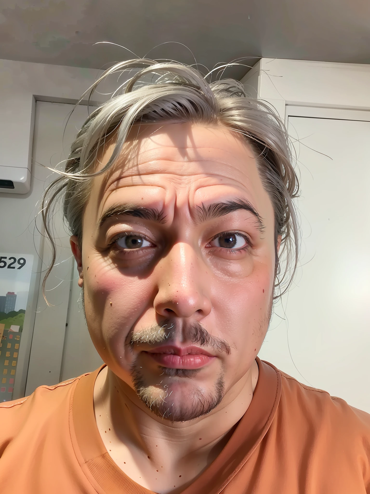 Man in brown t-shirt with gray hair, 4 0 years old man, 45 year old man, straight gray hair, tied hair, 38 years old, 8k selfie, portrait photo, natural smile, smiling, taken in early 2020s, 3 , (38 years old), with white skin, urban background