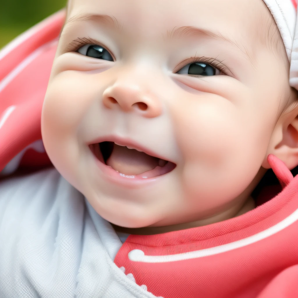 Image fidelity, use the same face baby, Image fidelity, new , 2 montiling baby in red blanket with white headband and pink blanket, many red ties, happily smiling at the camera, very excited, big smile on her face, she is smiling and excited, rosey cheeks, welcoming grin, smiling into the camera, very slightly smiling, smiling for the camera, beautiful and smiling, unsettling grin, lovely smile, wide grin, cute smile