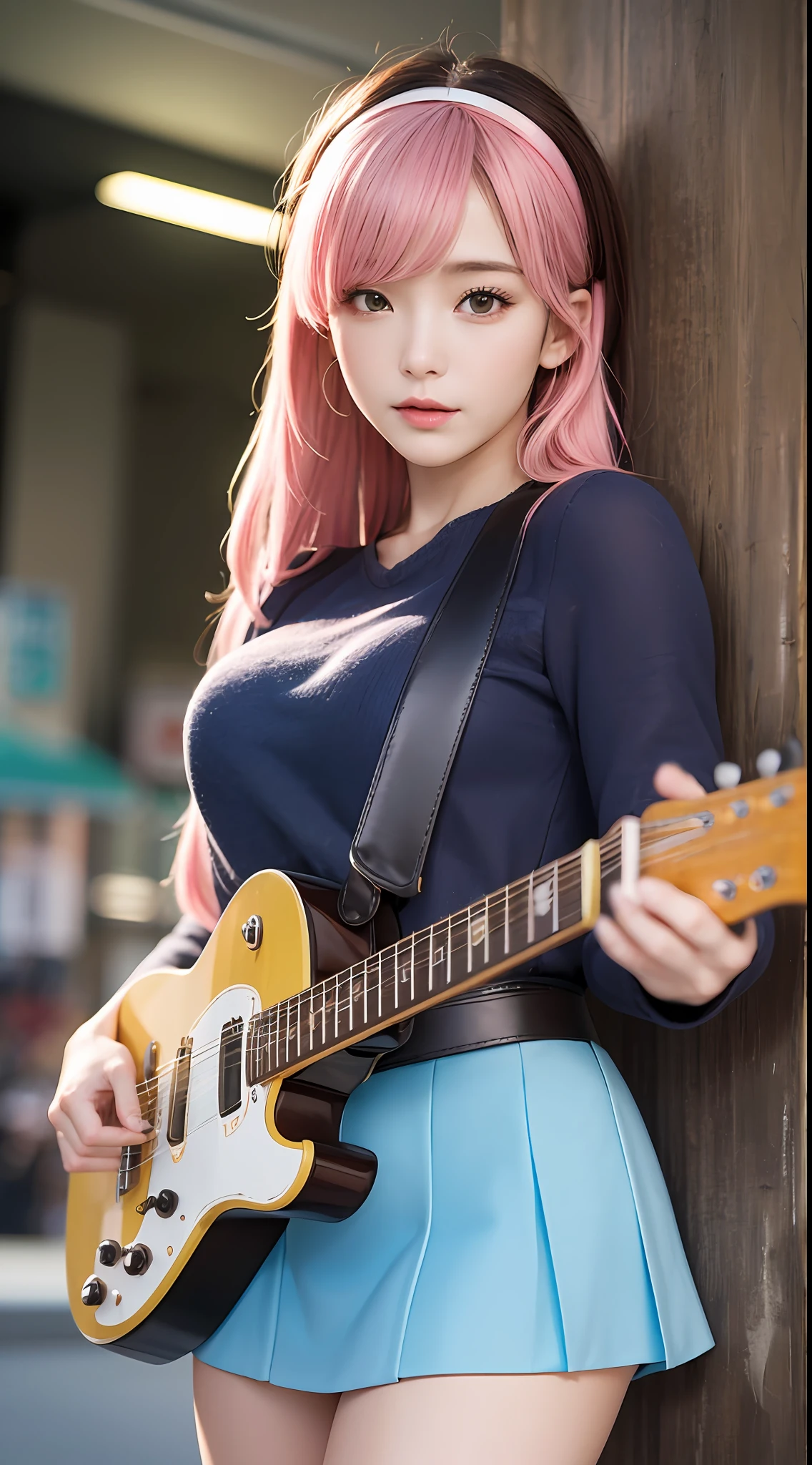Masterpiece, 1 beautiful girl, detailed eyes, swollen eyes, top quality, super high res, (Reality: 1.4), cinematic lighting, Japanese, Asian beauty, Korean, very beautiful, beautiful skin, slender, body facing forward, (super realistic), (high res), (8K), (very detailed), ( Best Illustration), (Beautifully Detailed Eyes), (Super Detailed), (Wallpaper), Detailed Face, Bright Lighting, Professional Lighting, Viewer Looking, Facing Front, Costume is Pink Jersey Wearing, Short Navy Blue Skirt, 46 Point Diagonal Bangs, Live Music, Pink Hair, Long Hair, Bangs , guitar, black knee-high socks, brown loafers, young face, , light blue and yellow square hairpiece,