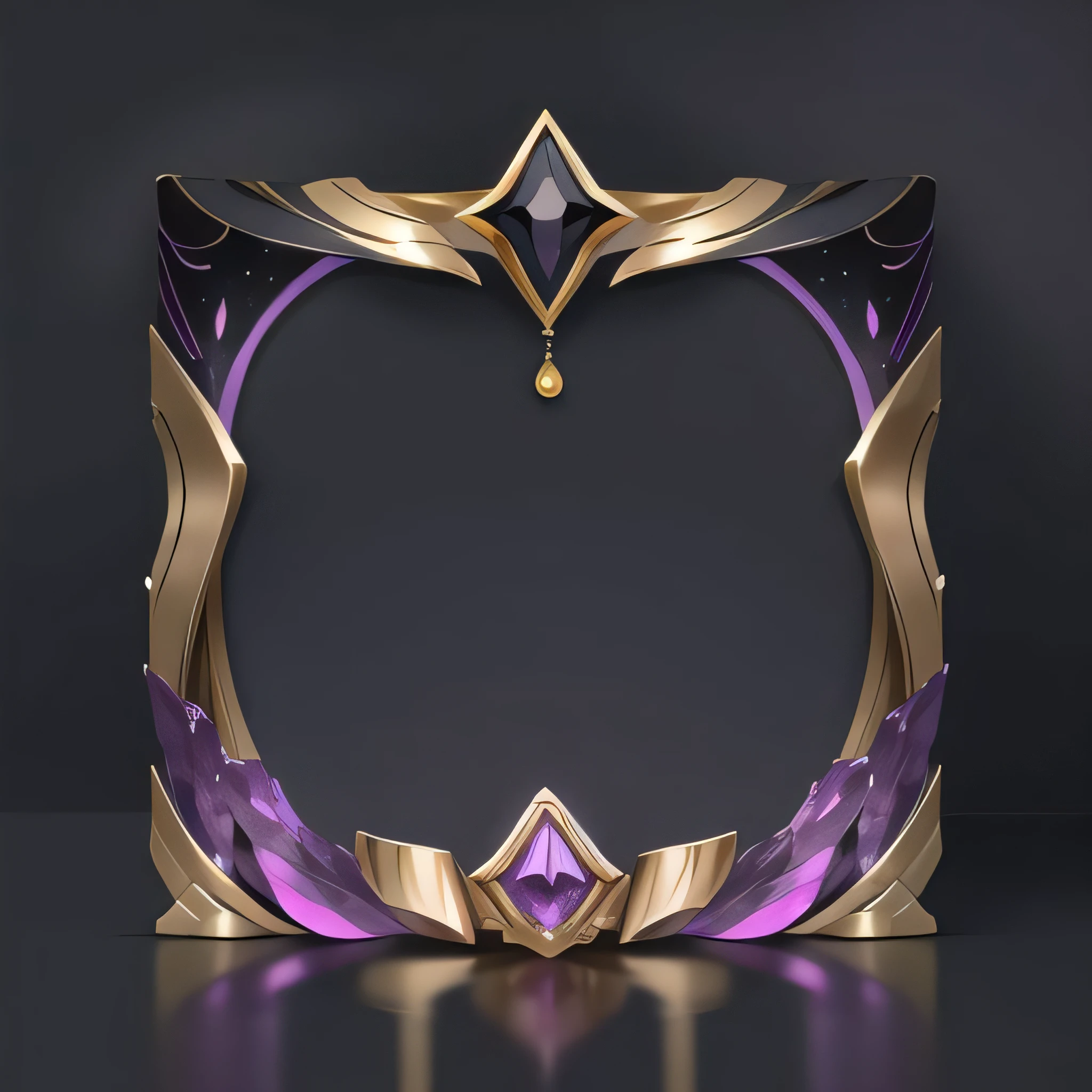 clean black background,头像框 ,  (top center decoration),(absolute symmetry),(magical fantasy),honor,  inlaid gemstones, antiquity, [white:purple:6] Magic crystals, purple, heavy style,  star, embellished with gold, four-pointed star, mysterious,, masterpiece, best quality,
