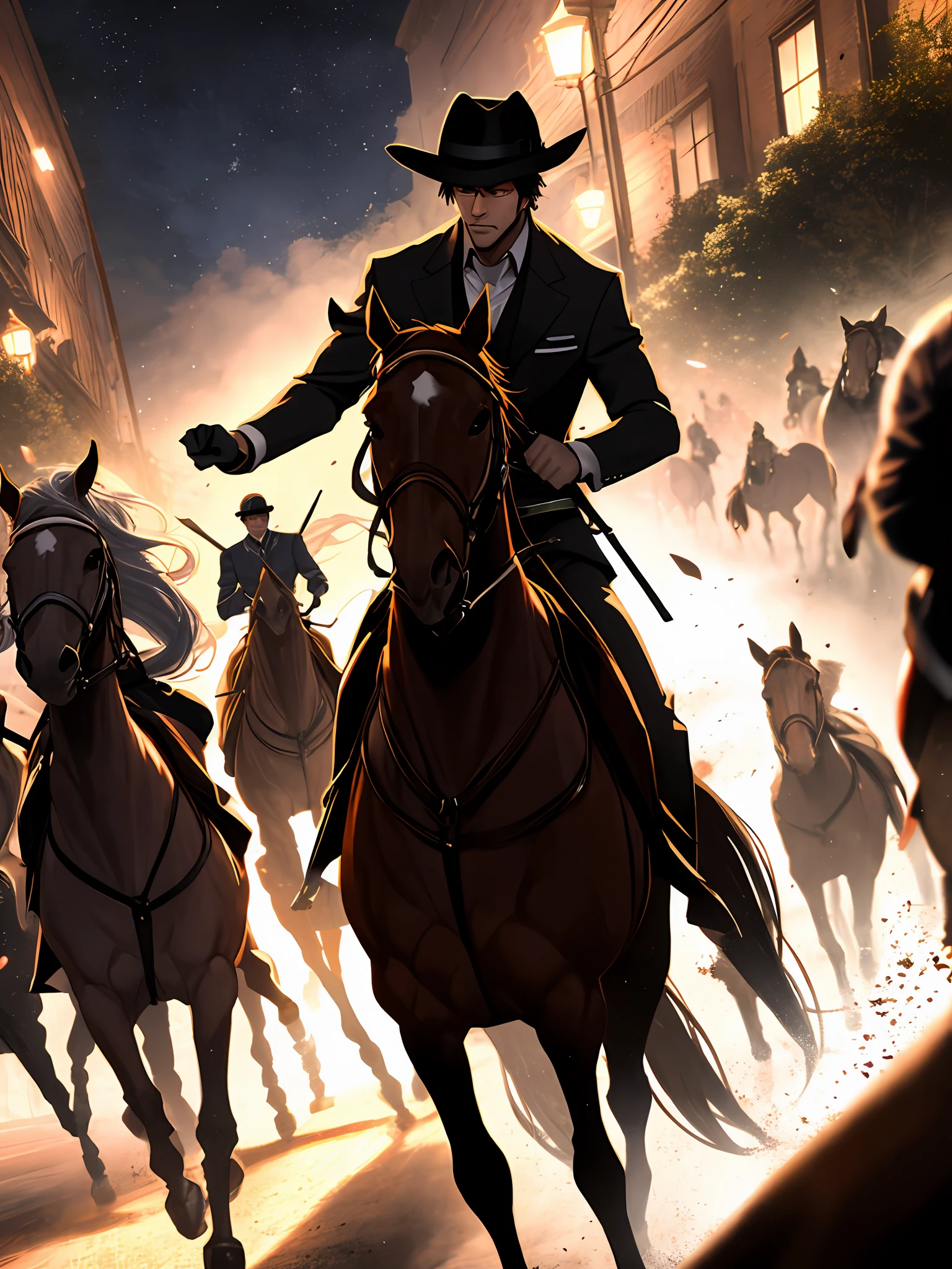 perfect shot of a battle of mobbed men on horses, at night, UHD