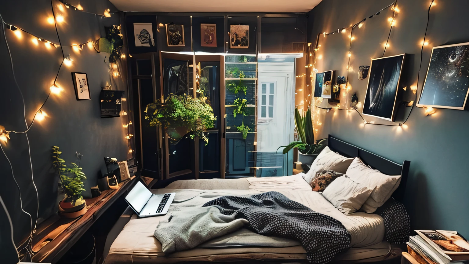 there is a bed with a laptop on it in a small room, small room, eclectic room, furnished room, dark room, real picture, inside a room, messy apartment, interior of a small room, in small room, room with sinister and comfortable feeling, listing image, apartment of an art student, gothic style room, messy room, tons of bedrooms, large spaced room, completely filled space, pictures of movies on the wall, string of lights, cozy room, plants decorating the environment.