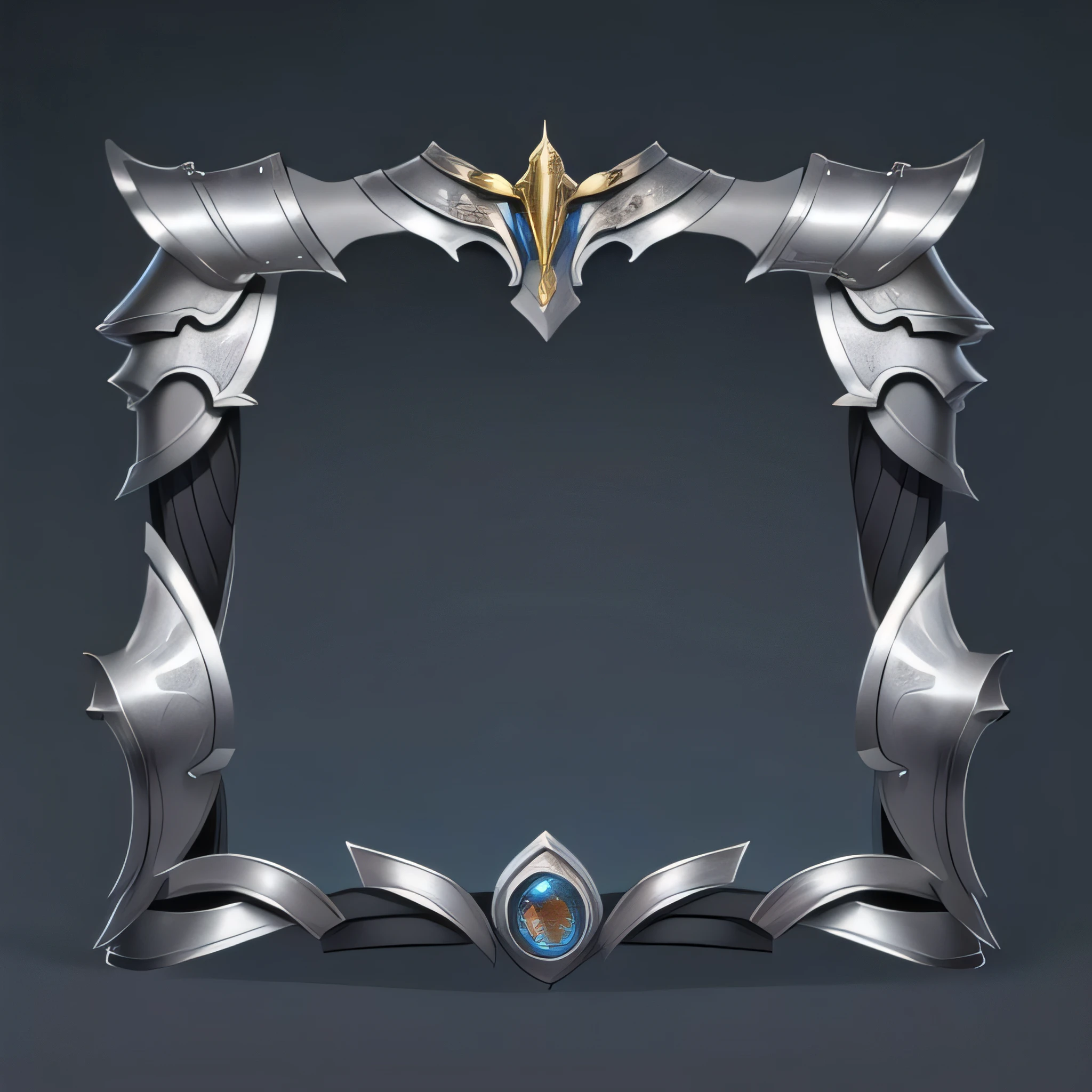 头像框 ,clean black background, symmetry, antiquity, mimicry of clothing, european style, mysterious, absolute symmetry,top center decoration, silver pauldrons, magic armor, Mithril material,golden lines,masterpiece, best quality,