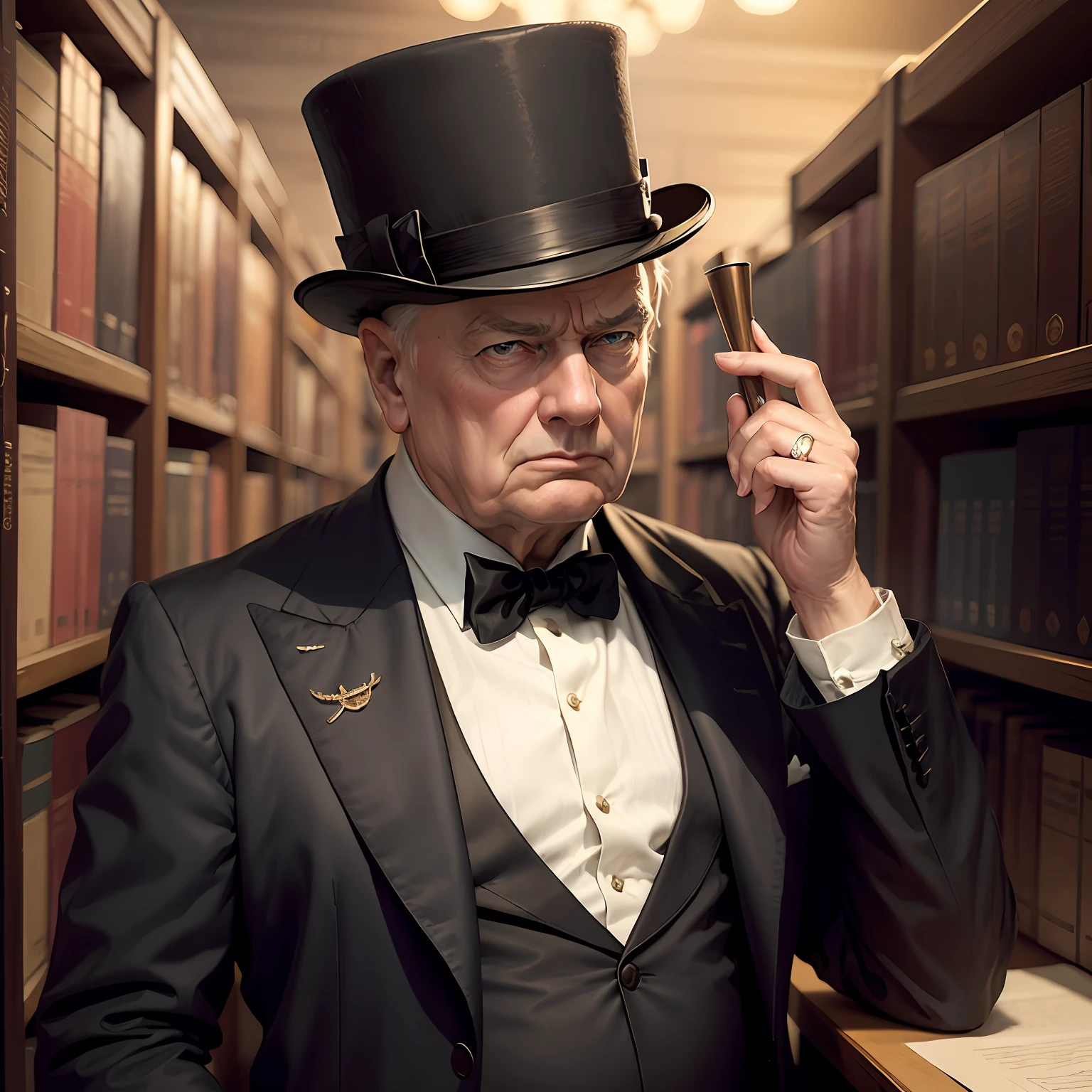image of a man in top hat and bow tie, inspired by Winston Churchill, Winston Churchill, vector art, inspired by Yousuf Karsh, classic portrait, he is wearing a top hat, digital art portrait, hitchcock, portrait of Orson Welles, Winston, iconic character of high detail, by Yousuf Karsh, scenery in the background of a library, classical library, colorful, fat --auto