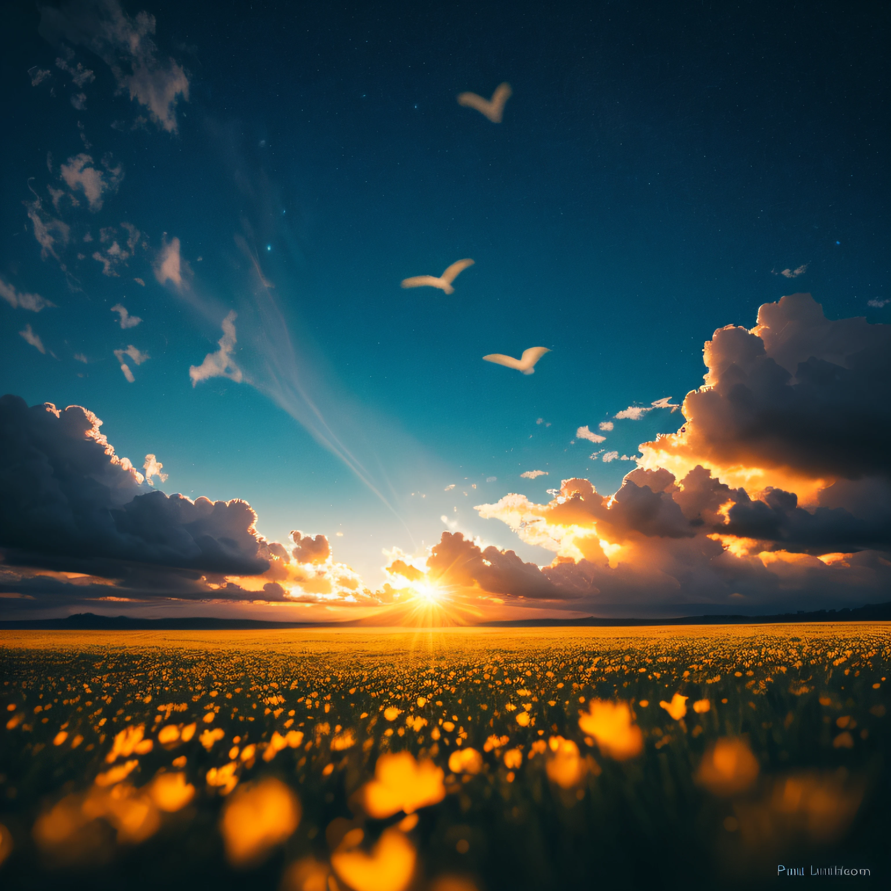 A blue sky full of birds, butterflys, clouds, sunlight, fantasy oil, radiant morning light, magical and mystical, product photography, paul barson, bioluminiscence --auto