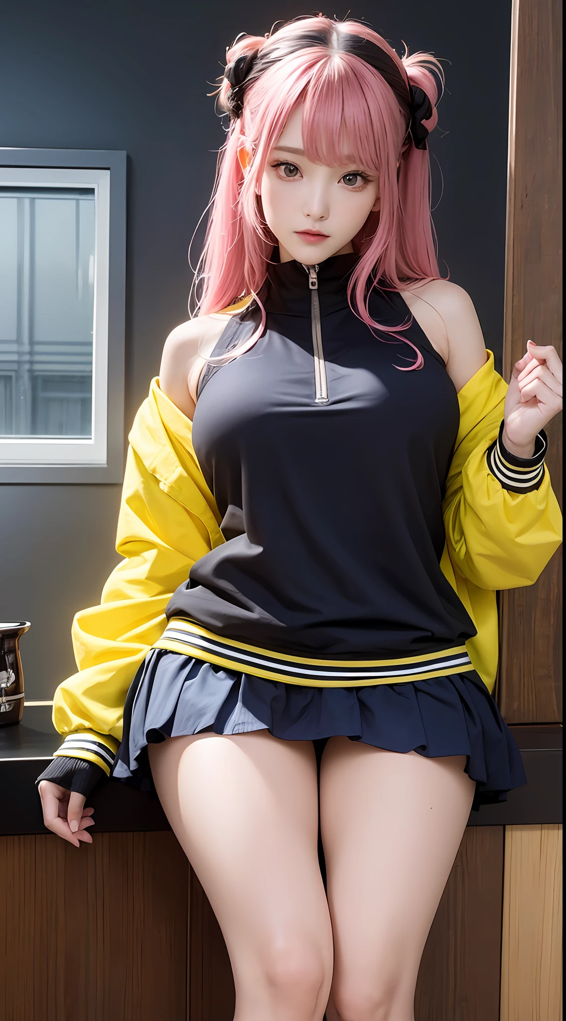 masterpiece, 1 beautiful girl, detailed eyes, puffy eyes, best quality, ultra high definition, (reality: 1.4), cinematic lighting, Japan, asian beauty, korean, super beautiful, beautiful skin, slender, body facing front, (ultra-realistic), (high resolution), (8K), (very detailed), (best illustration), (beautiful and detailed eyes), (super detailed), (wallpaper), detailed face, Bright lighting, professional lighting, looking at the viewer, facing straight ahead, the costume is wearing a simple track jacket of pink color, short navy blue skirt, 46-point diagonal bangs, the background is a dark live house, spotlighted, pink hair, long hair, bangs, holding a black guitar, black knee-high socks, brown loafers, young face, , light blue and yellow square hair ornament, frightened look,