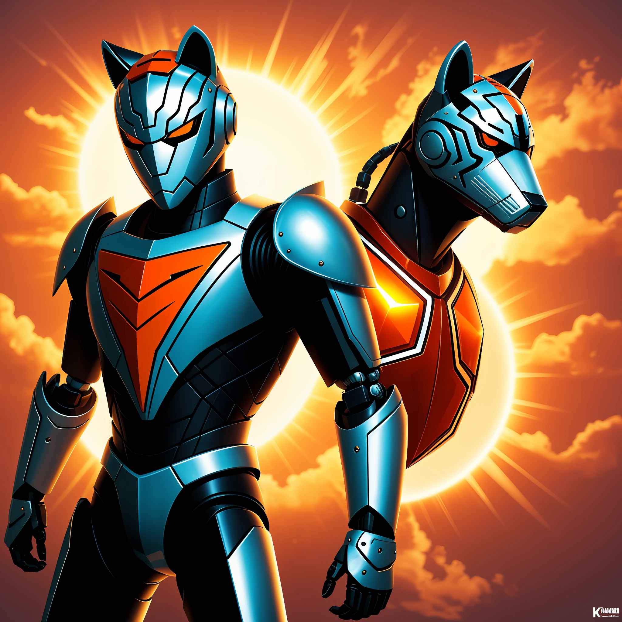 The robot is giant.
The breastplate is a representation of an orange tiger.
Each arm has a wolf's head: a purple wolf on one arm and a blue wolf on the other. These wolf heads function as cannons and are attached to the tiger's body.
The legs have the symbol of the Kamen Rider.
The robot can have a helmet or a mask that matches the tiger and wolf theme. --auto