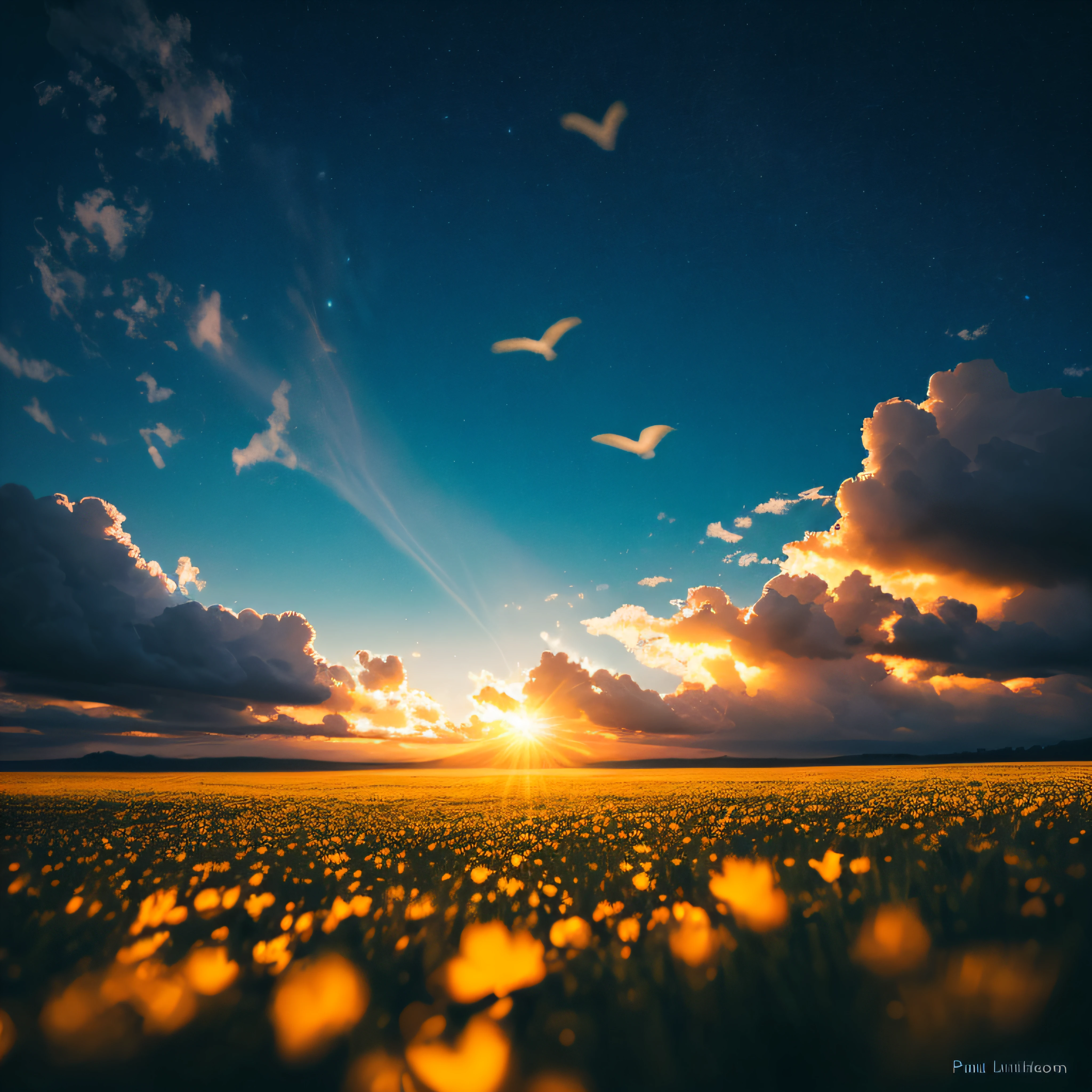 A blue sky full of birds, butterflys, clouds, sunlight, fantasy oil, radiant morning light, magical and mystical, product photography, paul barson, bioluminiscence --auto