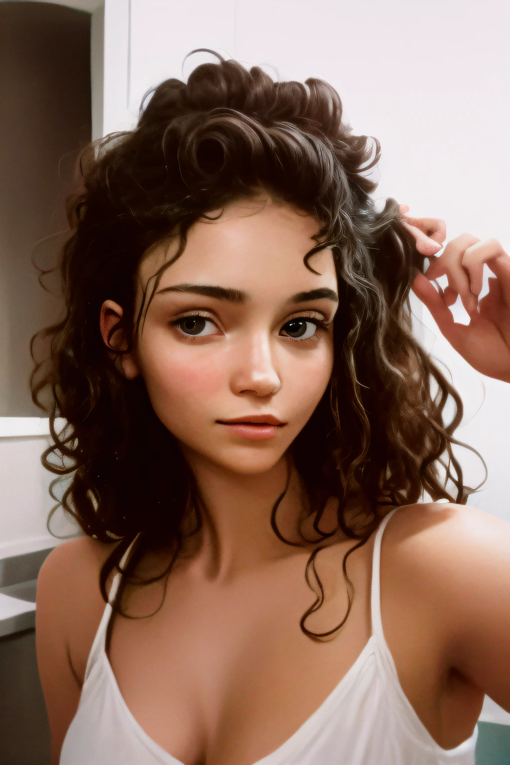 8K,Best quality, masterpiece, ultra high res, (photorealistic:1.4), raw photo, (Authentic skin texture:1.3), (film grain:1.3), (selfie angle),1girl,beautiful detailed eyes and face,masterpiece, best quality,close-up,upper bod, There is a woman who is brushing her hair in the bathroom, no makeup wavy hair, wavy hair spread, curly hair messy, her face framed with curls,  wet hair, curly hair, portrait Sophie Mudd, curly hair, wet hair, curly, no make-up