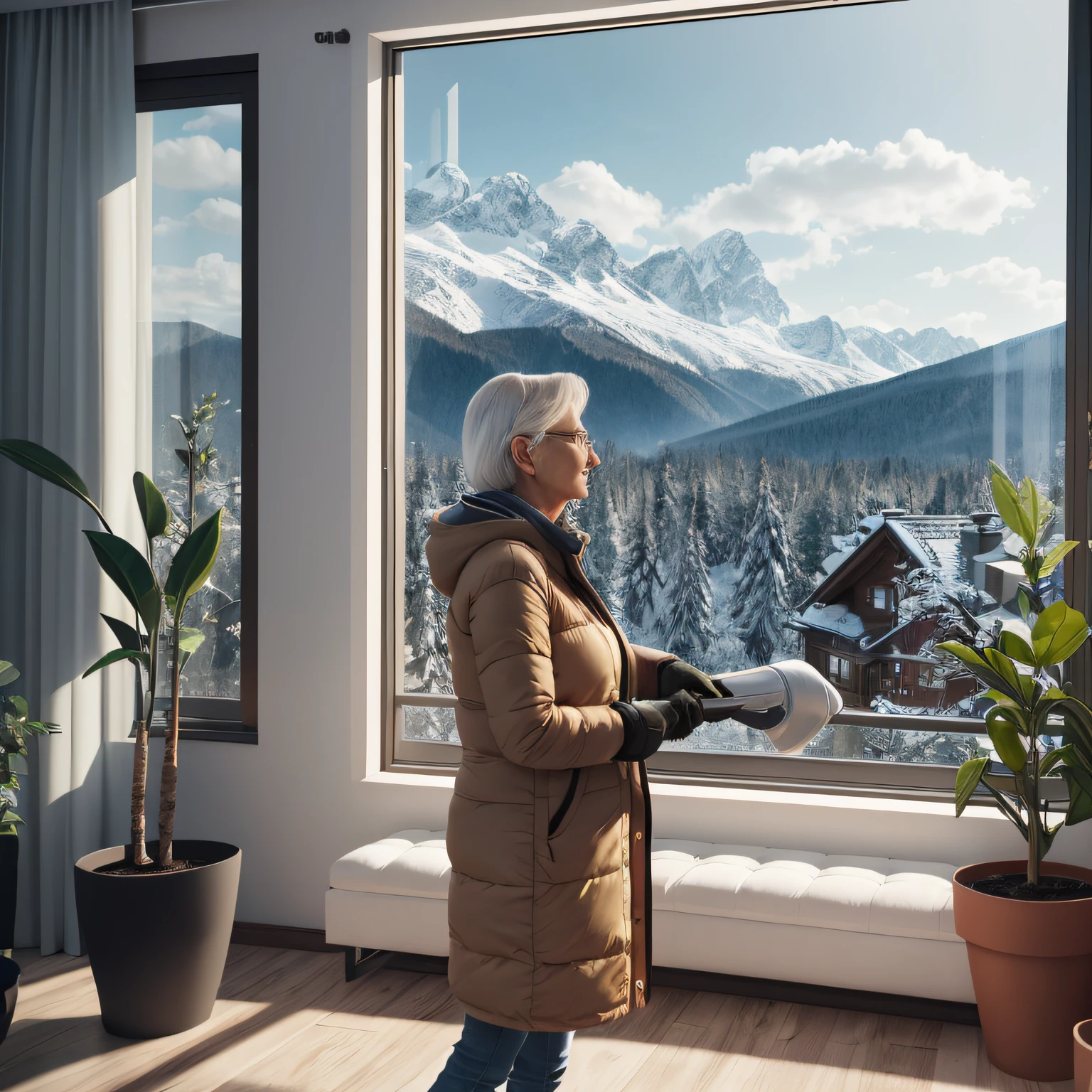 1 woman, 55 years old, tan skin, white hair, medium size hair taking care of plants, inside an apartment, glassy panoramic windows with view from cold mountains, wearing winter clothes, (photo realistic , octane render, best resolution, real life lighting) --auto