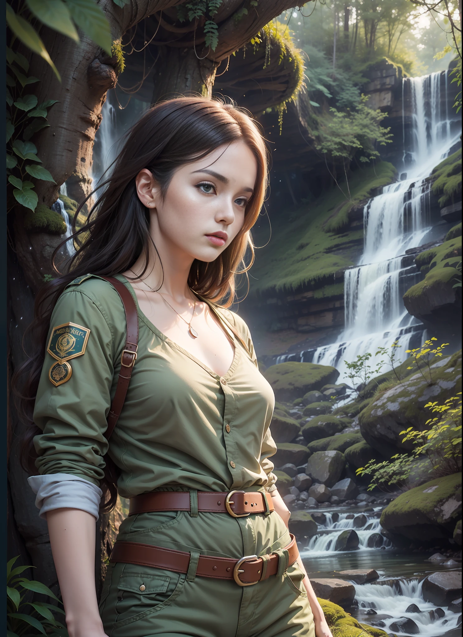 Movie poster, medium chest woman, troop green pants, belt, forest, just one body, waterfall, night
