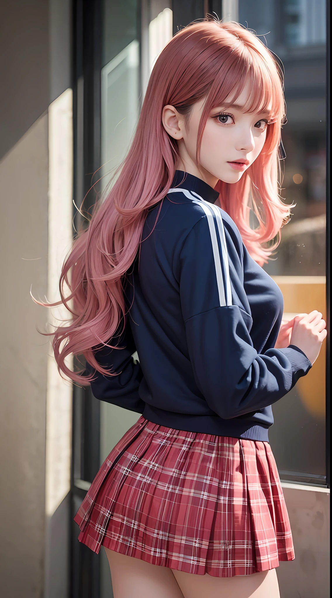 masterpiece, 1 beautiful girl, detailed eyes, puffy eyes, best quality, ultra high definition, (reality: 1.4), cinematic lighting, Japan, asian beauty, korean, super beautiful, beautiful skin, slender, body facing front, (ultra-realistic), (high resolution), (8K), (very detailed), (best illustration), (beautiful and detailed eyes), (super detailed), (wallpaper), detailed face, Bright lighting, professional lighting, looking at the viewer, facing straight ahead, the costume is wearing a simple track jacket of pink color, short navy blue skirt, 46-point diagonal bangs, the background is a dark live house, spotlighted, pink hair, long hair, bangs, holding a black guitar, black knee-high socks, brown loafers, young face, 17 years old, light blue and yellow square hair ornament, frightened look,