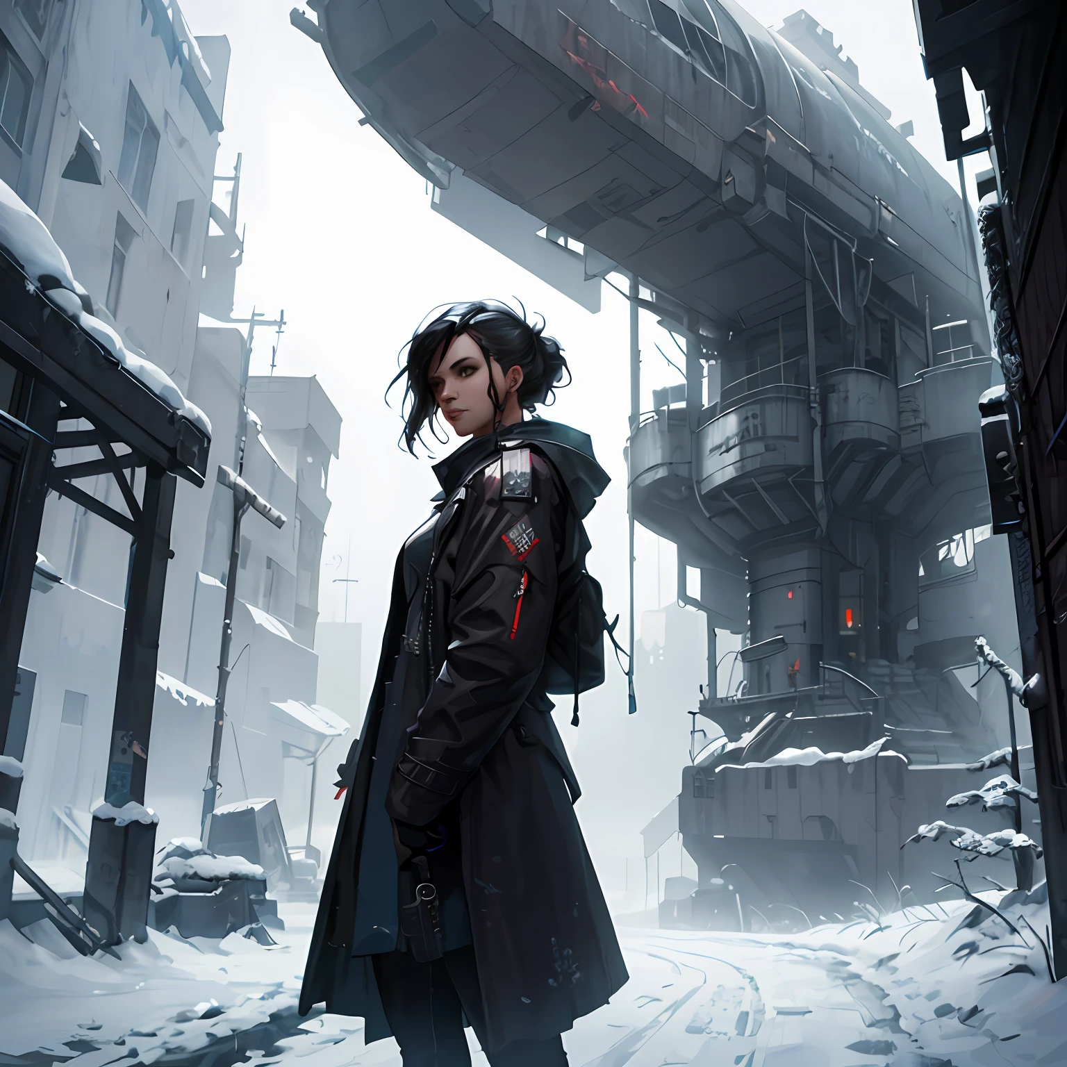 - Scene style of a woman in a trench coat standing in a snowy alley, digital cyberpunk art, cyberpunk art, cyberpunk art, Soviet style, Guweiz-style art, cyberpunk theme art, cyberpunk dark fantasy art, modern cyberpunk, wojtek fus, digital cyberpunk - art, stylized urban fantasy art