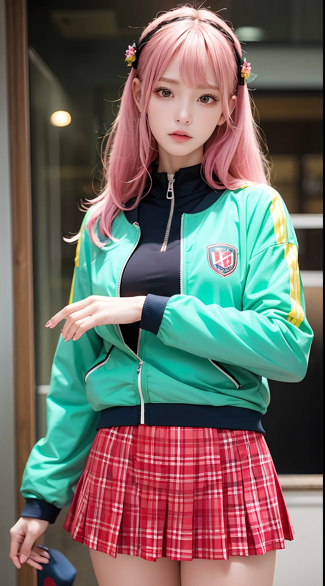 masterpiece, 1 beautiful girl, detailed eyes, puffy eyes, best quality, ultra high definition, (reality: 1.4), cinematic lighting, Japan, asian beauty, korean, super beautiful, beautiful skin, slender, body facing front, (ultra-realistic), (high resolution), (8K), (very detailed), (best illustration), (beautiful and detailed eyes), (super detailed), (wallpaper), detailed face, Bright lighting, professional lighting, looking at the viewer, facing straight ahead, the costume is wearing a simple track jacket of pink color, short navy blue skirt, 46-point diagonal bangs, the background is a dark live house, spotlighted, pink hair, long hair, bangs, holding a black guitar, black knee-high socks, brown loafers, young face, , light blue and yellow square hair ornament, frightened look,