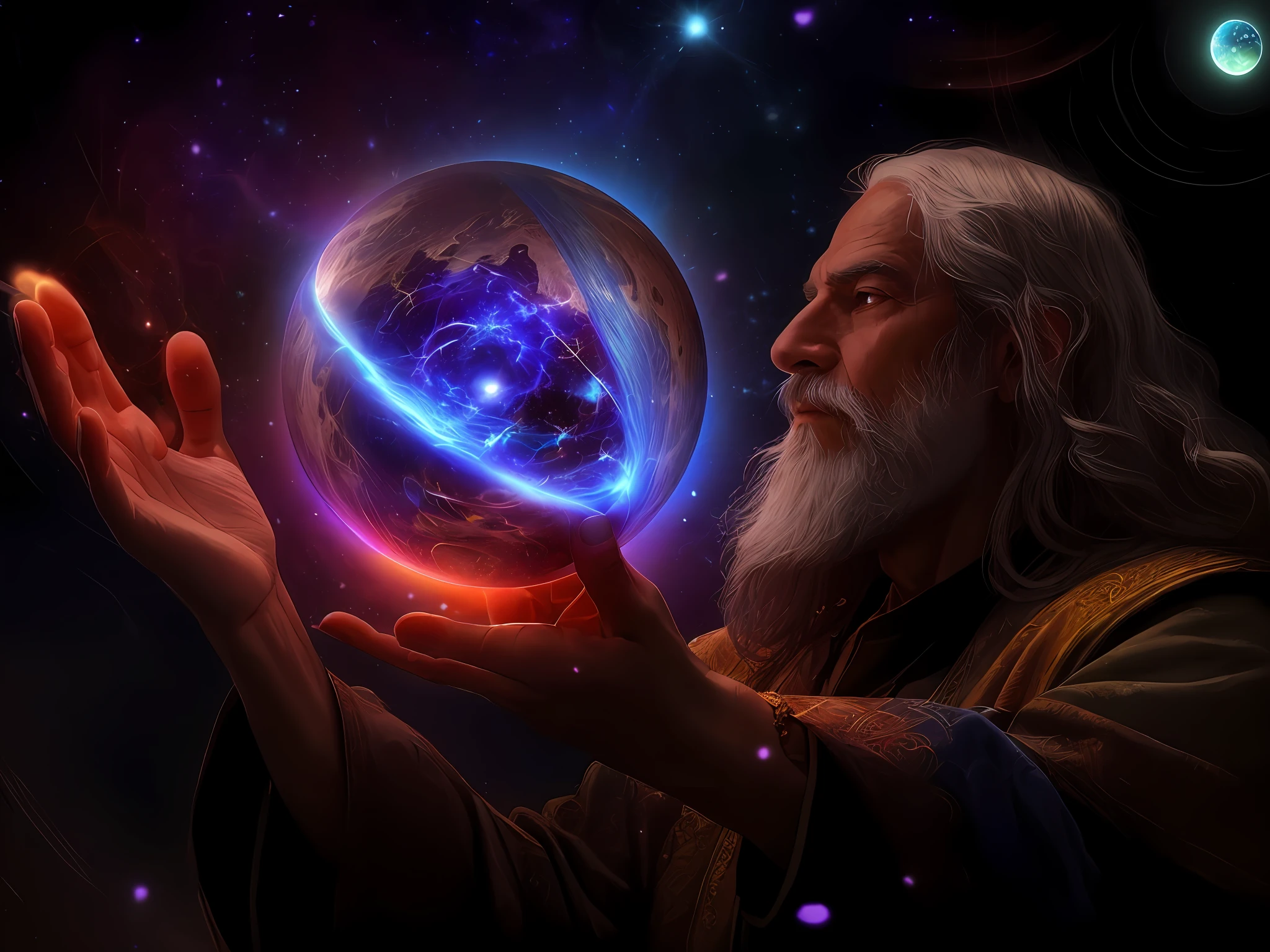 Image of a man holding a planet in his hands, wizard pondering his orb, the creator of the earth, mystical and new age symbolism, the creator of the universe, a shaman holding the universe, spell mage, creation of the world, father time, holding a planet, holding a glowing sphere of dice, mage casting a spell