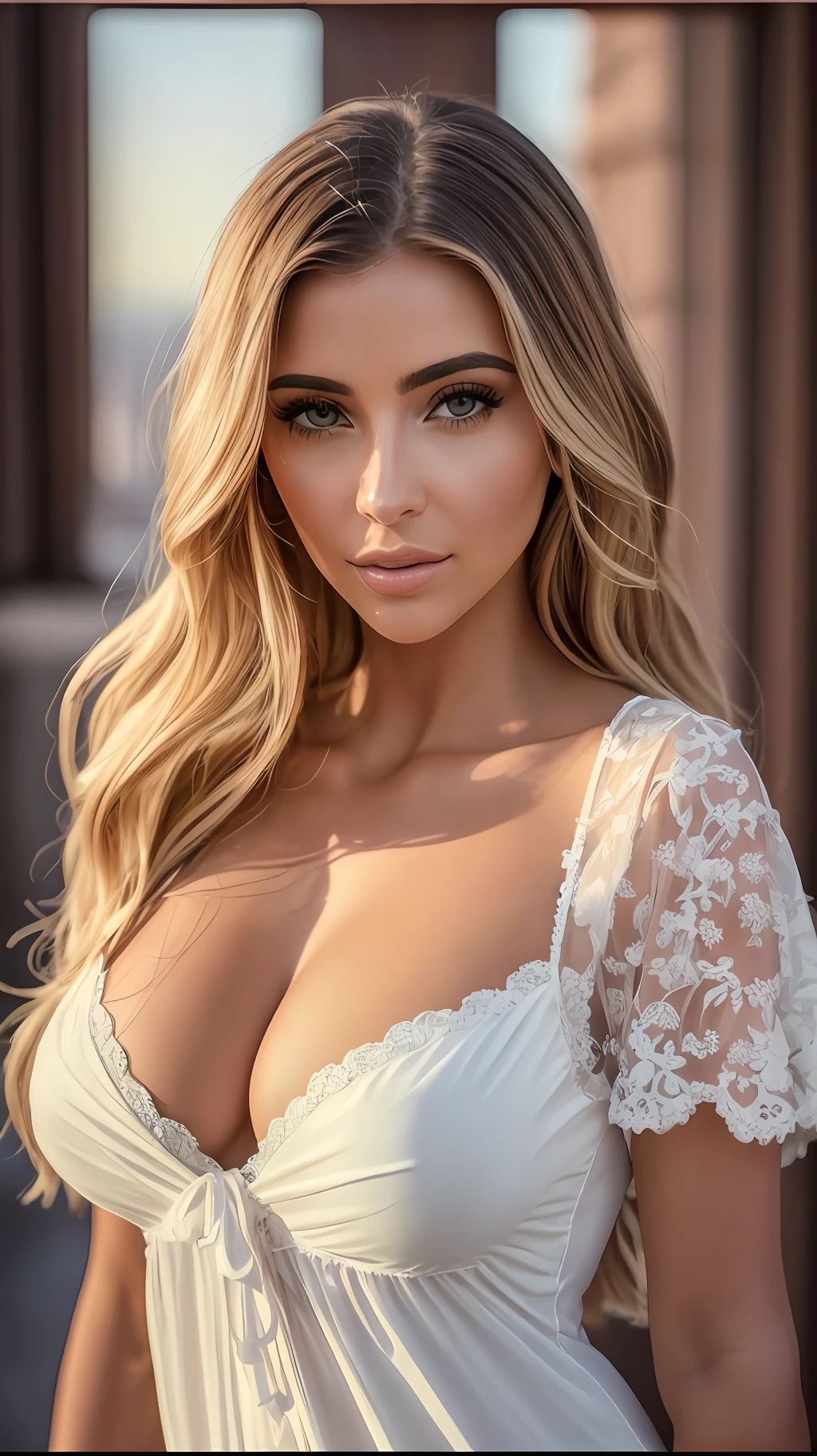 A woman, brunette with dyed blonde hair, Julia Sarda, Christina Kritkou, portrait of Kim Kardashian, inspired by Gina Pellón, tanned Ameera al Taweel, Olivia Culpo, Julia Fuentes, flawless olive skin ((detailed face)), ((detailed facial features)), (finely detailed skin), long light brown hair with blonde tips, (detailed hair), wearing a transparent long nightgown that reveals her body and her curves,  Perfect body, in a luxurious room, overlooking London, London night, nikon d850 film stock photography 4 kodak 400 c galaxy f1.6 lens rich colors hyper realistic texture i natural lumination trend in artstation cinestill 800, (100mm agent), 8k, HDR, (soft color: 1.2), shallow depth of field, wide light, high contrast,  backlighting, flower, light glows, chromatic aberration, sharp focus, color photo RAW, (masterpiece), (realistic photo), 8k, 16k, (extreme res), (ultra high res), (dynamic lighting), (real lighting), (perfect aspect ratio)(realistic photo)(best quality) (detailed) shot on a Canon EOS R5, 50mm lens, F/2.8, HDR, (8k), (16k)