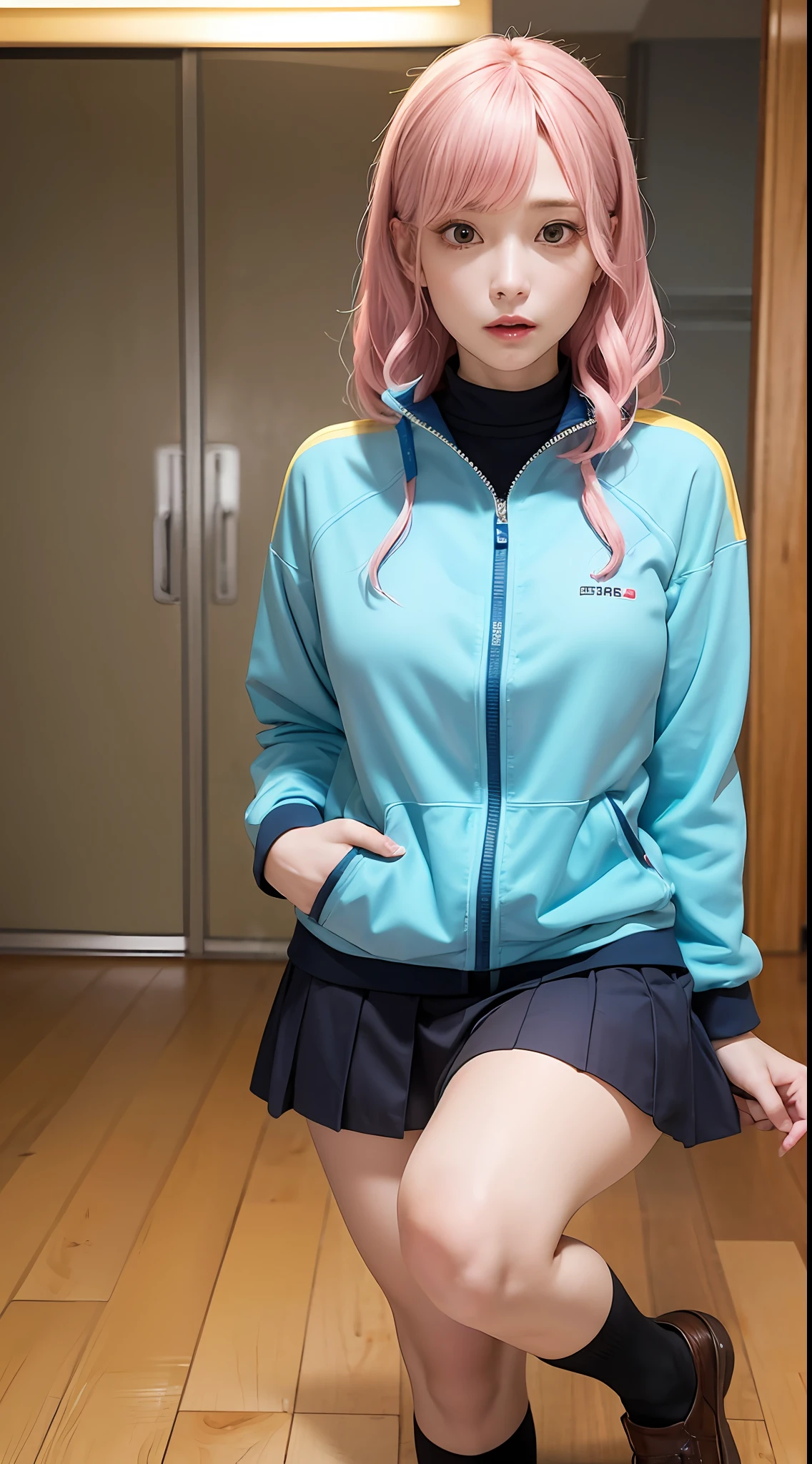 masterpiece, 1 beautiful girl, detailed eyes, puffy eyes, best quality, ultra high definition, (reality: 1.4), cinematic lighting, Japan, asian beauty, korean, super beautiful, beautiful skin, slender, body facing front, (ultra-realistic), (high resolution), (8K), (very detailed), (best illustration), (beautiful and detailed eyes), (super detailed), (wallpaper), detailed face, Bright lighting, professional lighting, looking at the viewer, facing straight ahead, the costume is wearing a simple track jacket of pink color, short navy blue skirt, 46-point diagonal bangs, the background is a dark live house, spotlighted, pink hair, long hair, bangs, holding a black guitar, black knee-high socks, brown loafers, young face, 17 years old, Light blue and yellow square hair ornament, frightened expression, anime: Bocchi Zaroku! , Hitoshi Goto,