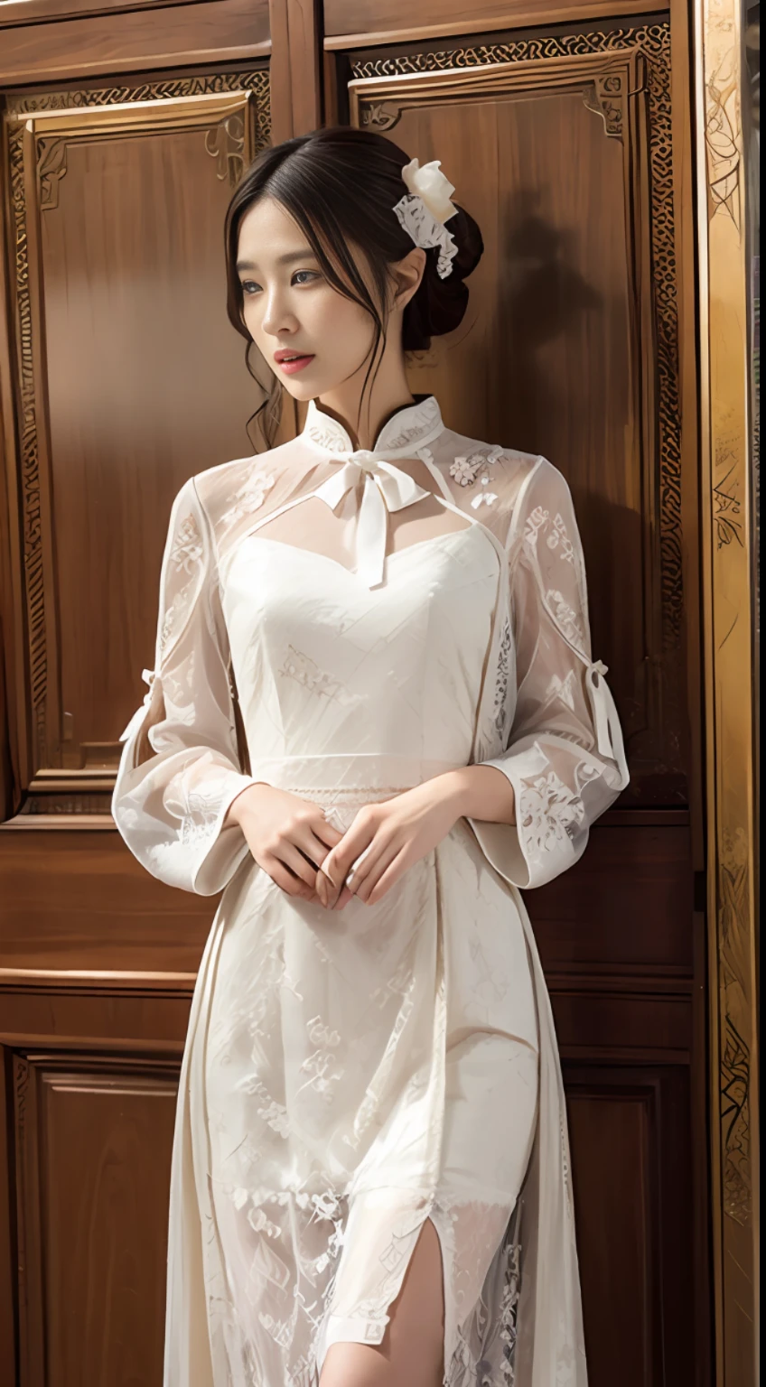 A dress with a chinoiserie style with lace elements at the neckline and cuffs of the dress patterned in a traditional moire, cut and details such as pleats, embroidery, beads, silk, crepe, knee-length or long, and a bow or flower decoration added at the waist or neckline Don't show too much