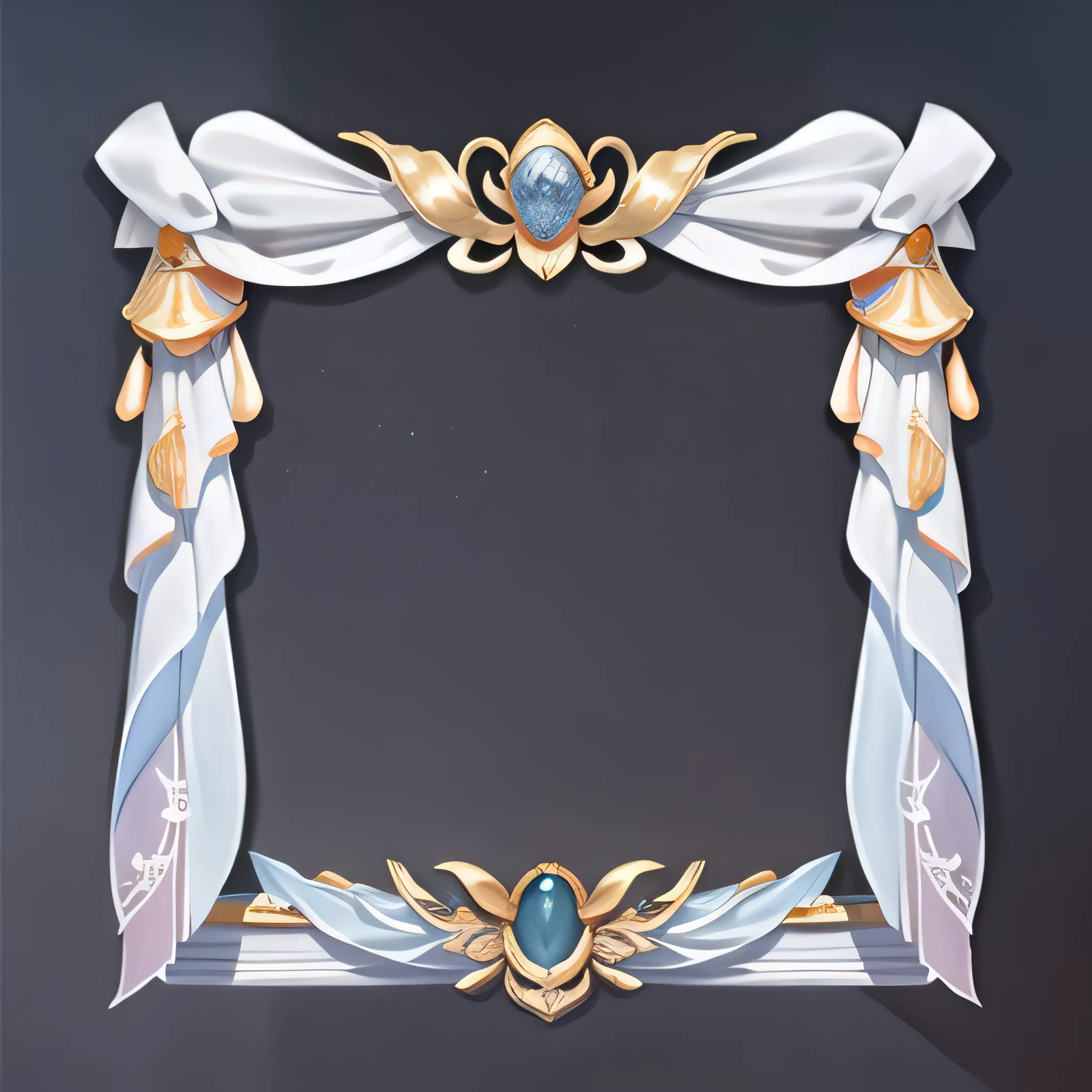 头像框 , (mimicry of clothing), (absolute symmetry),  top center decoration,antiquity,[White:blue:7] , curtain decoration,  inlaid gemstones, golden decoration,, clean  background,, masterpiece, best quality,