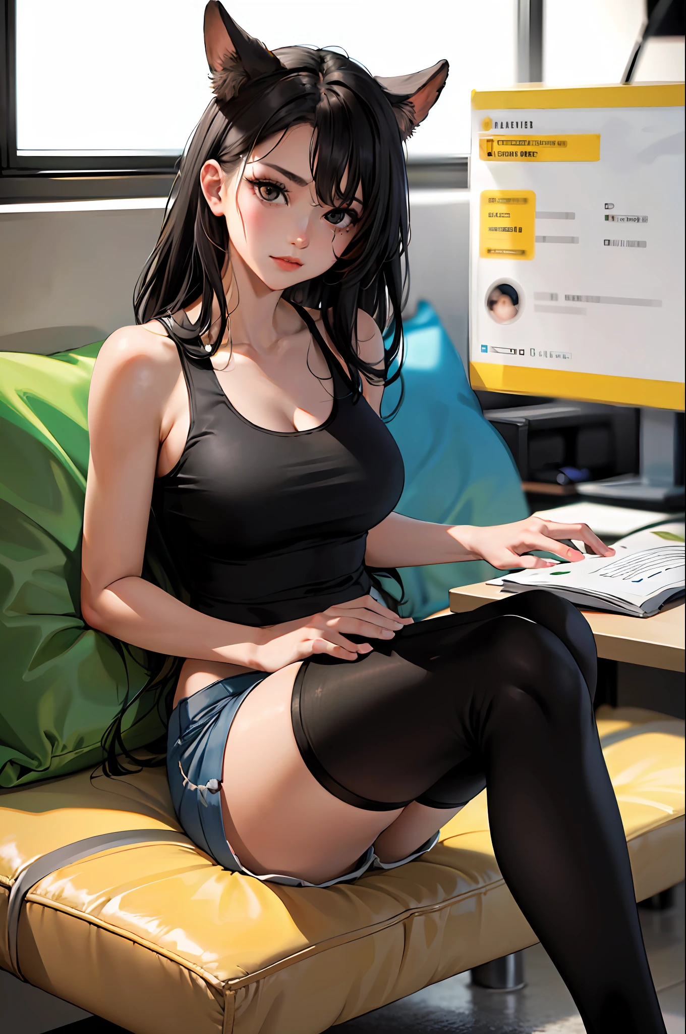 absurdres, best quality, 1girl, solo, looking at viewer, eye focus,  LucoaDM, CasualCL, shorts, tank top, thighhighs, heterochromia, eye focus, 
ADDCOMM
green eyes
ADDCOL
(black eyes:1.5), slit pupils, bright pupils, yellow pupils