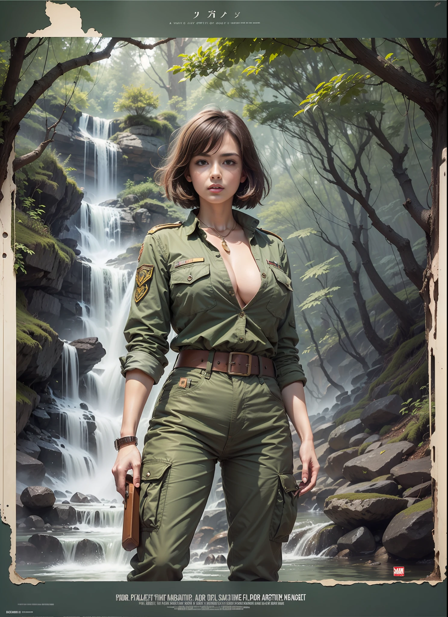 Movie poster, big chest woman, troop green pants, 1 belt, forest, just one body, front view, waterfall, night