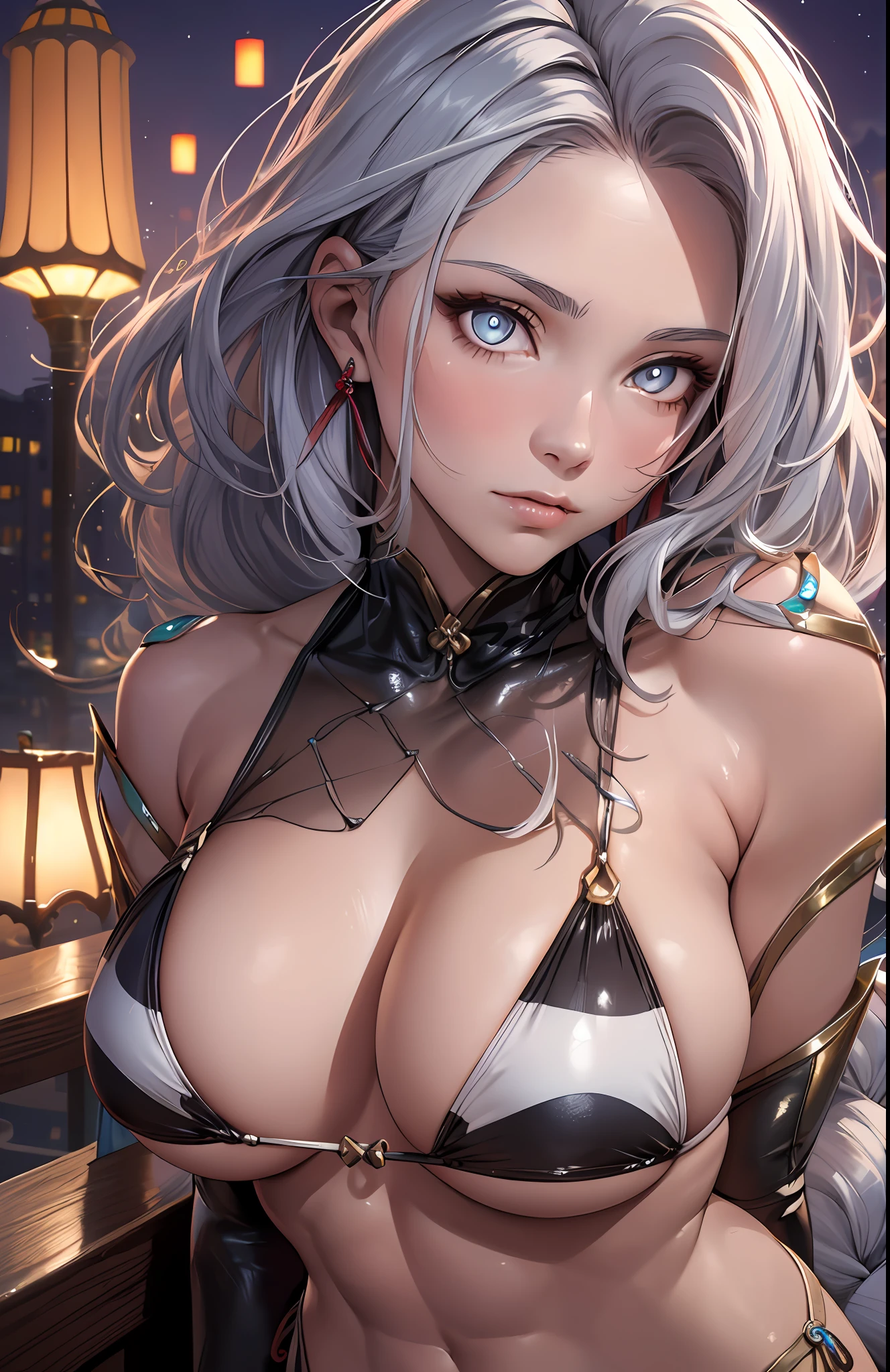 ((Best quality)), ((masterpiece)), (realistic), 1girl, solo, closeup, (muscular), ripped muscles and abs, slim fit build, sexy micro bikini top , ((highly detailed glowing eyes, highly detailed face)),long white-silver braided hair, smooth skin, medium breasts, ((extremely slutty)), night time, vibrant colors.
