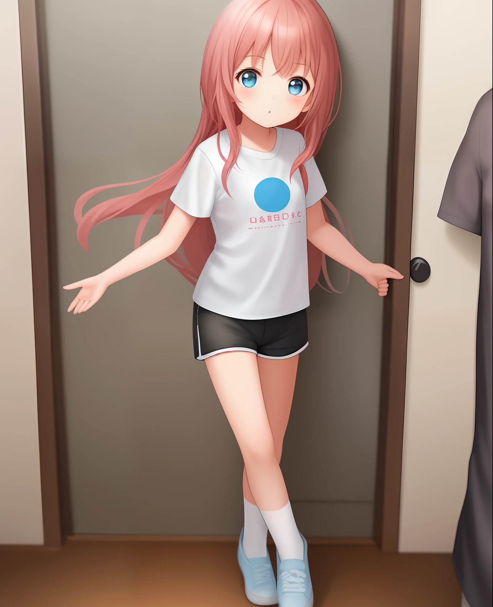 Generate an image of a li, she is standing in front of a bedroom door. She is cute, has long pink hair, blue eyes and is wearing a white T-shirt and black shorts. She looks like she's speaking for someone, moe-style image