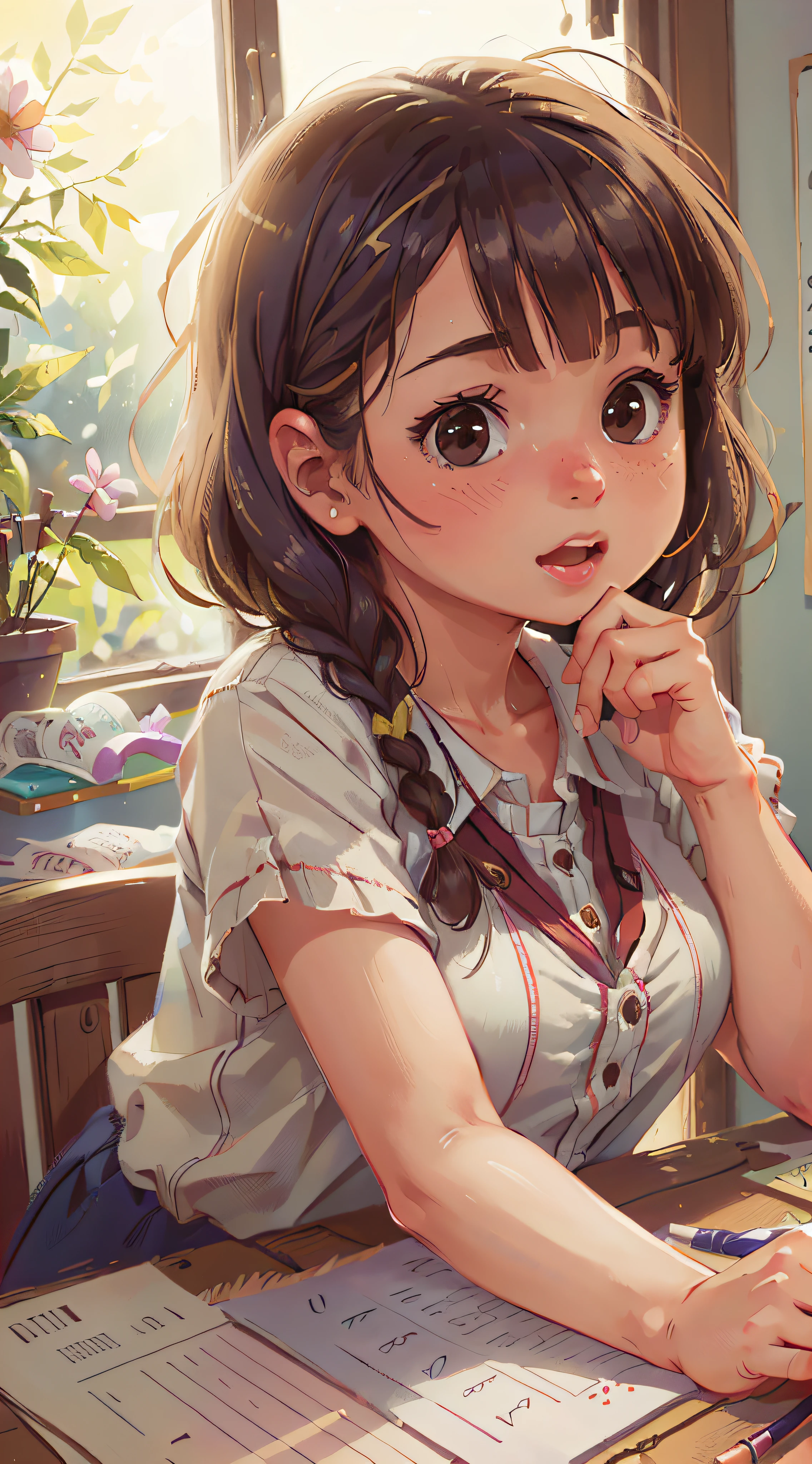 Girl, Classroom, Summer, Perfect quality, clear focus (clutter - home: 0.8), (masterpiece: 1.2) (Realistic: 1.2) (Bokeh) (Best quality) (Detailed skin: 1.3) (Intricate details) (8K) (Detail Eyes) (Sharp Focus), (Happy)