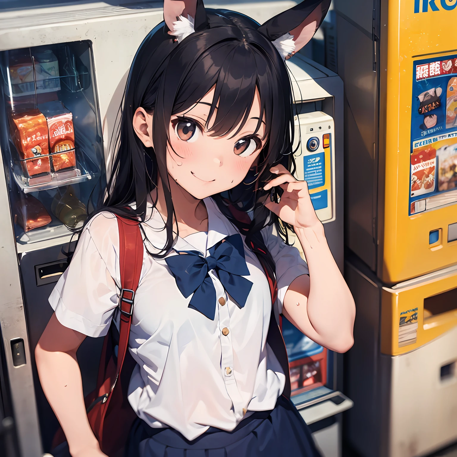 Rabbit Eared Girl Juice Vending Machine Sweat School Uniform Summer Day Smile