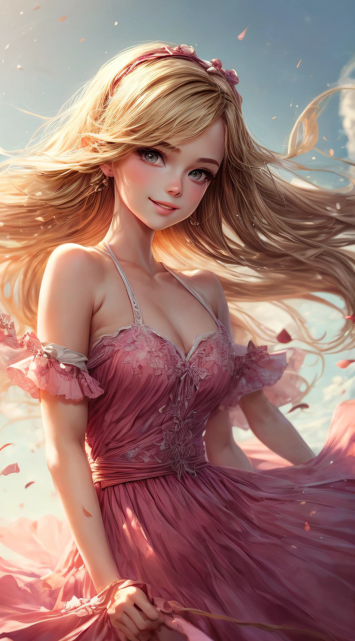 (best quality, masterpiece), young woman, barbie style, pose, digital illustration, blonde hair, pink dress, wind, upper body, simple background, looking at the viewer, white background, backlit, beautiful artwork, perfect composition, angelic smile, perfect. --auto