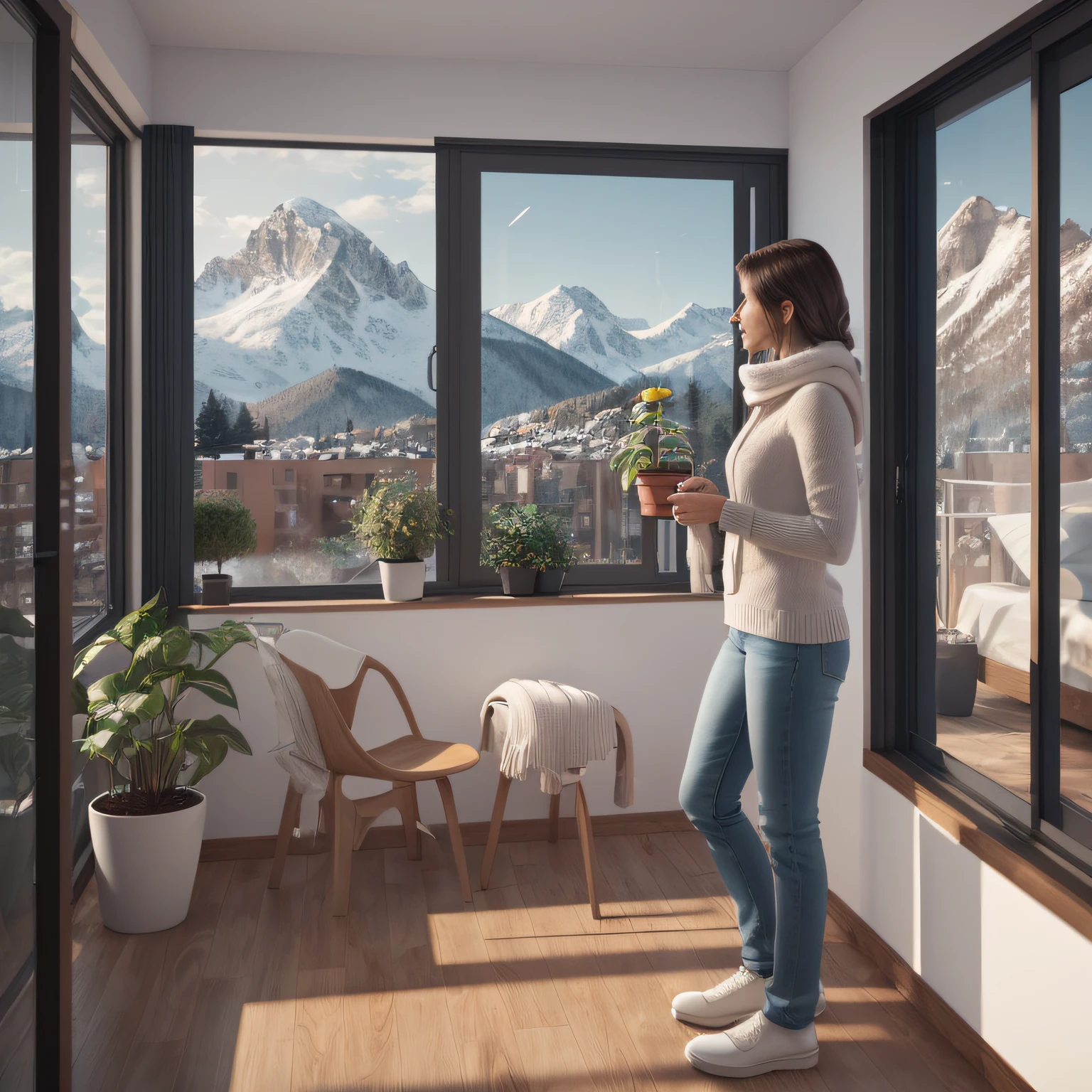1 woman, 50 years, upperbody close, front view, tanned skin, white hair, medium-sized hair tending plants, inside an apartment, glassy panoramic windows overlooking cold mountains, wearing winter clothes, (realistic photo, octane render, best resolution, real life lighting) --auto