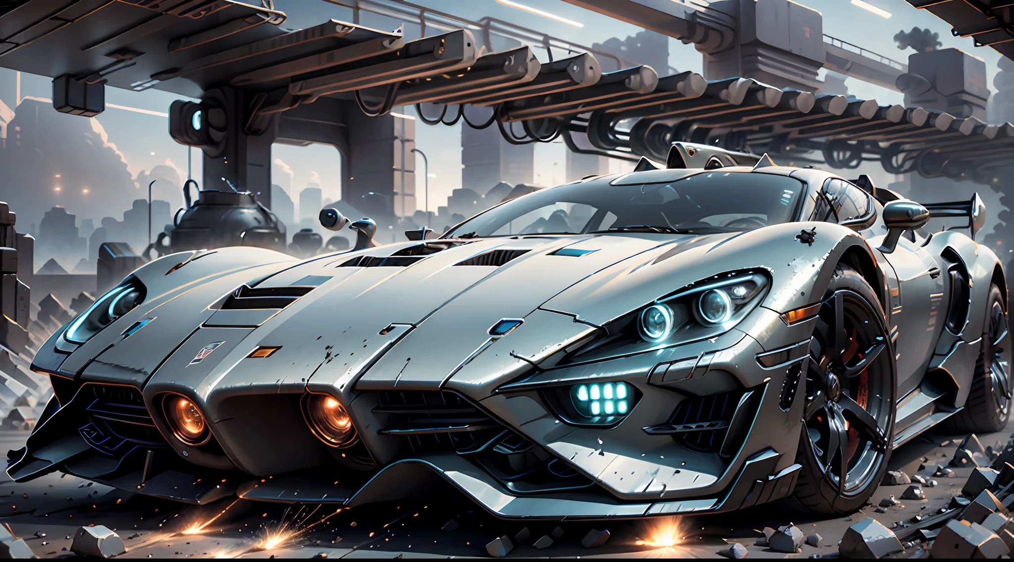 Cinematic Effects, Dynamic Photography, Fujifilm, Long Exposure, Future Sci-Fi White-Gold Supercar, Extremely Beautiful Shape, Light and Shadow, Particle Light, Particle Special Effects, Blue Flame Erupting at the Tail, Ambient Lights, Surreal Sci-Fi City in the background, Aesthetic, 8K, Top Painting, Concept Art, Epic Composition, HD Detail, Metallic Texture and Tension Composition, Hyper-Realism, Ultra-realistic, Rich in Detail, 3D.