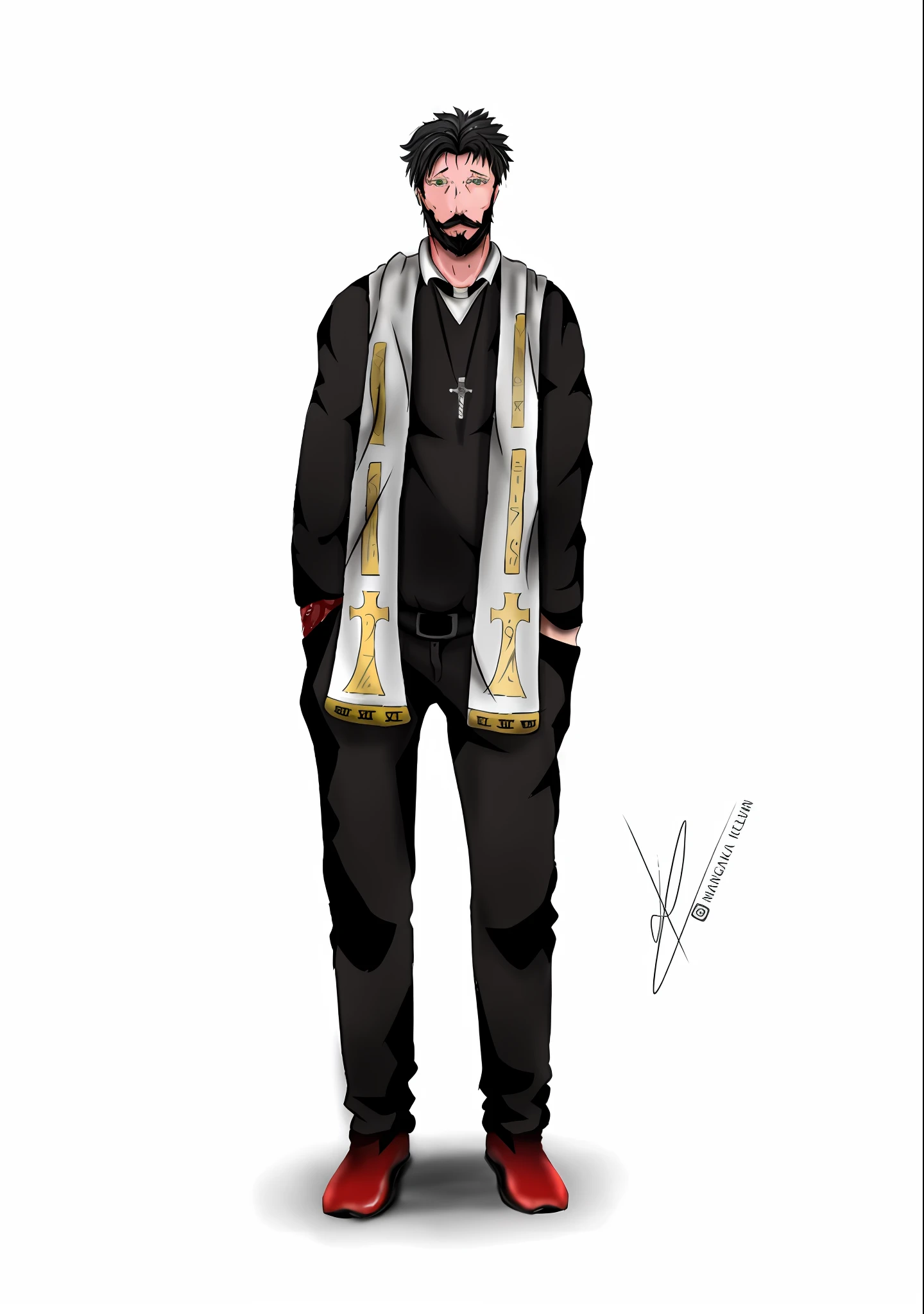 a cartoon of a man with a beard and a scarf, inspired by Volkan Baga, full body illustration, digitally painted, inspired by Pedro Álvarez Castelló, digitally colored, inspired by Beta Vukanović, style blend of the vatican, outfit design, detailed full body portrait, inspired by Constantine Andreou, inspired by Mirabello Cavalori