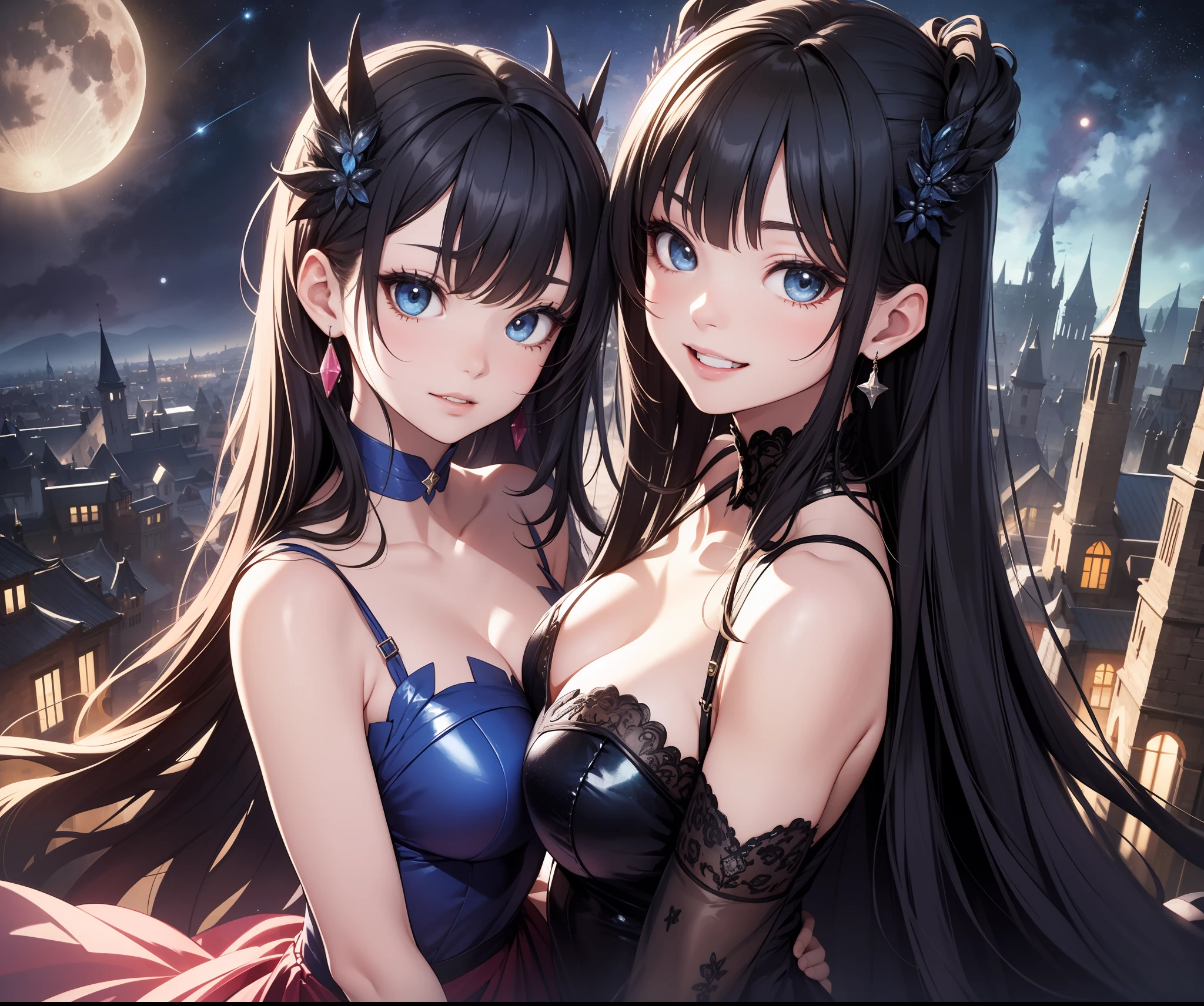 wide shot,from above,(1girls1.5),(very beautiful women),masterpiece,sophisticated creativity,high definition,anime,8k,professional lighting,break,dynamic lighting,super detail skin,intricate detail,hyper detail,sharp detail,hi-res,fantasy,(delicate facial features:1.3), BREAK,Front,(Wide Angle:1.3),(Depth:1.5),(Spectacular Panorama),(Looking Over),(Light Transmission),BREAK,Outdoor,(Castle Town),Moon and Starry Sky,Night View,Lustrous Hair,(dark blue medium hair),(curl inside hair),(pink princess line dress),(laugh:1.3)