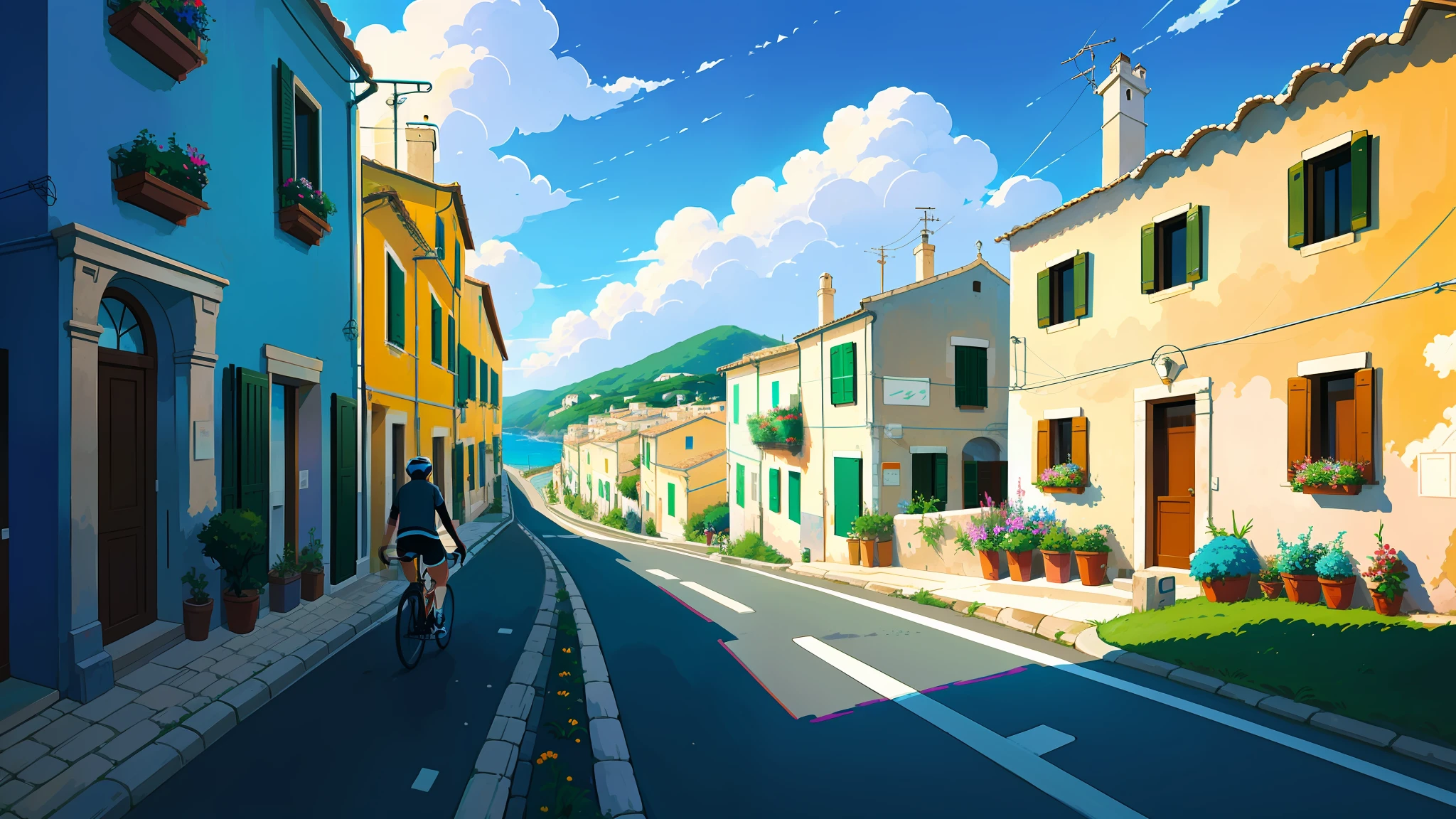 (bike: 1.5), (cyclist: 1.5), (realistic cyclist: 1.5), (solo cyclist: 1.4), (Italy: 1.4), (Apulia Region: 1.4), (seaside: 1.4), beautiful landscape, shadows, contrast, makoto shinkai, (Best quality: 1.3), (Highres:1), Art by Studio Ghibli Style, Impressionism, Vibrant colors